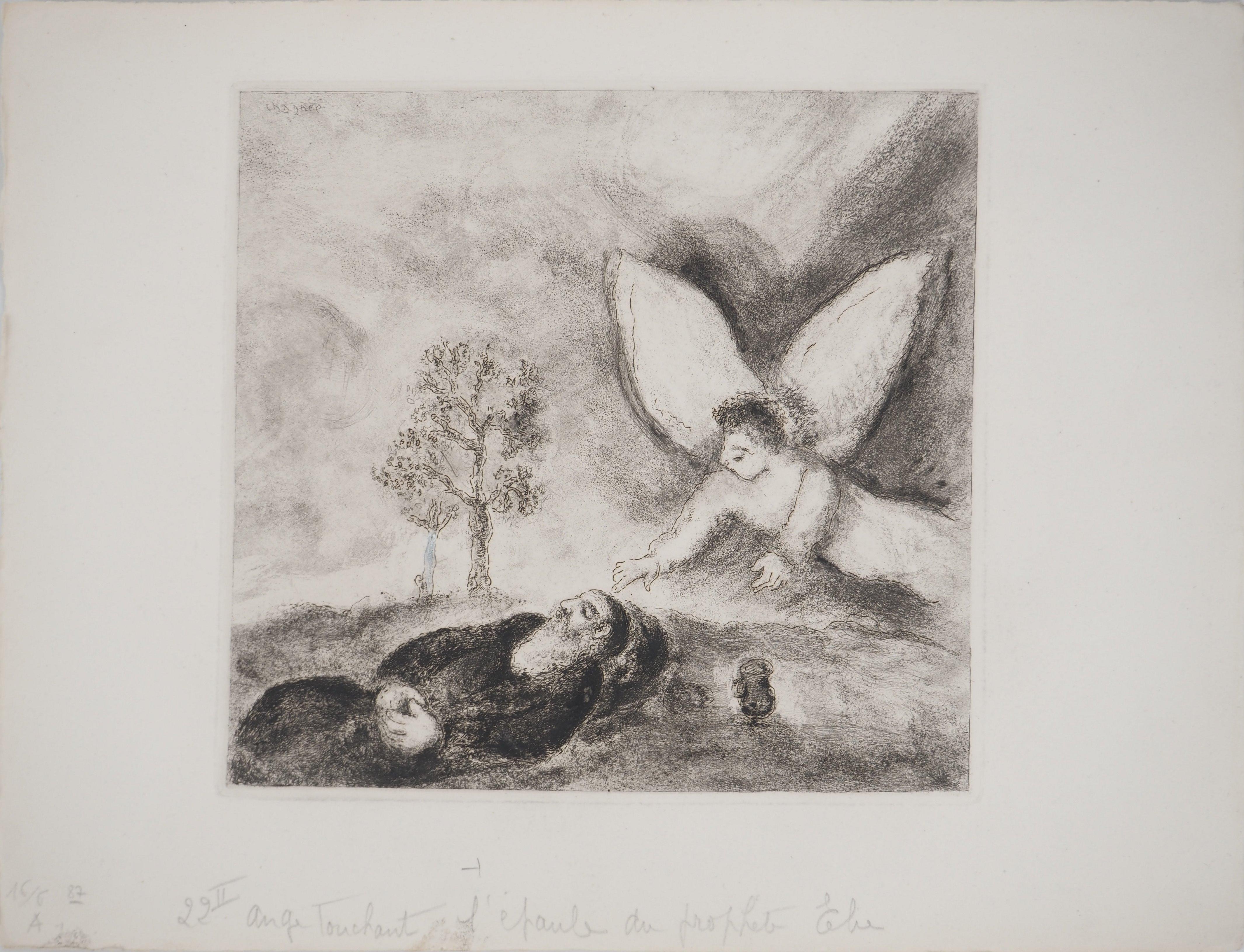 Marc Chagall Figurative Print - Bible : Elijah touched by an angel, 1939 - Original Etching