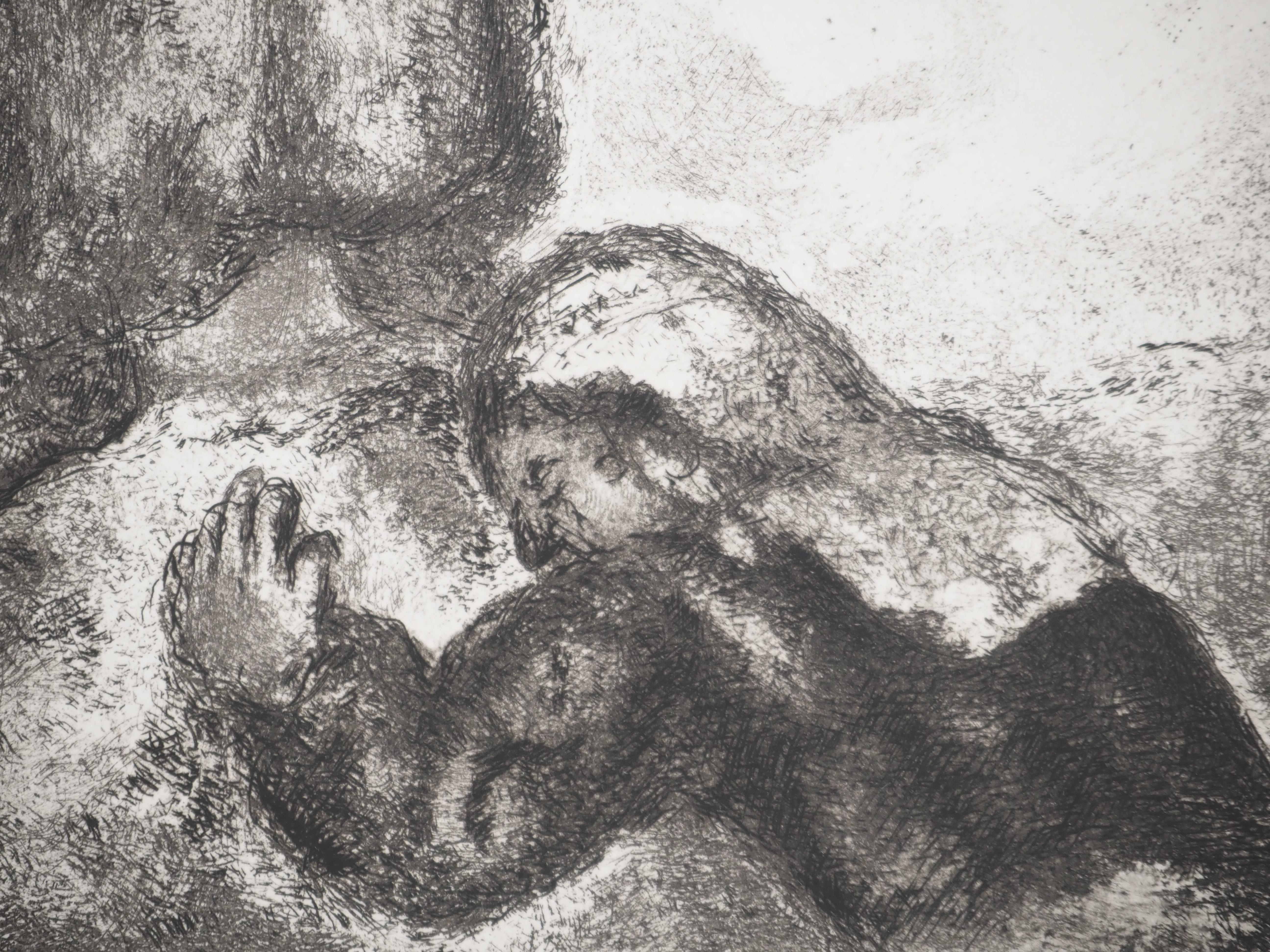 Marc Chagall (1887-1958)
Bible : Joshua with the Angel with the sword (Josué devant l'ange à l'épée), 1939

Original etching
Printed signature in the plate
On Montval vellum, 44 x 33.5 cm (c. 17.3 x 13.1 inch)

INFORMATION: Published by Vollard /