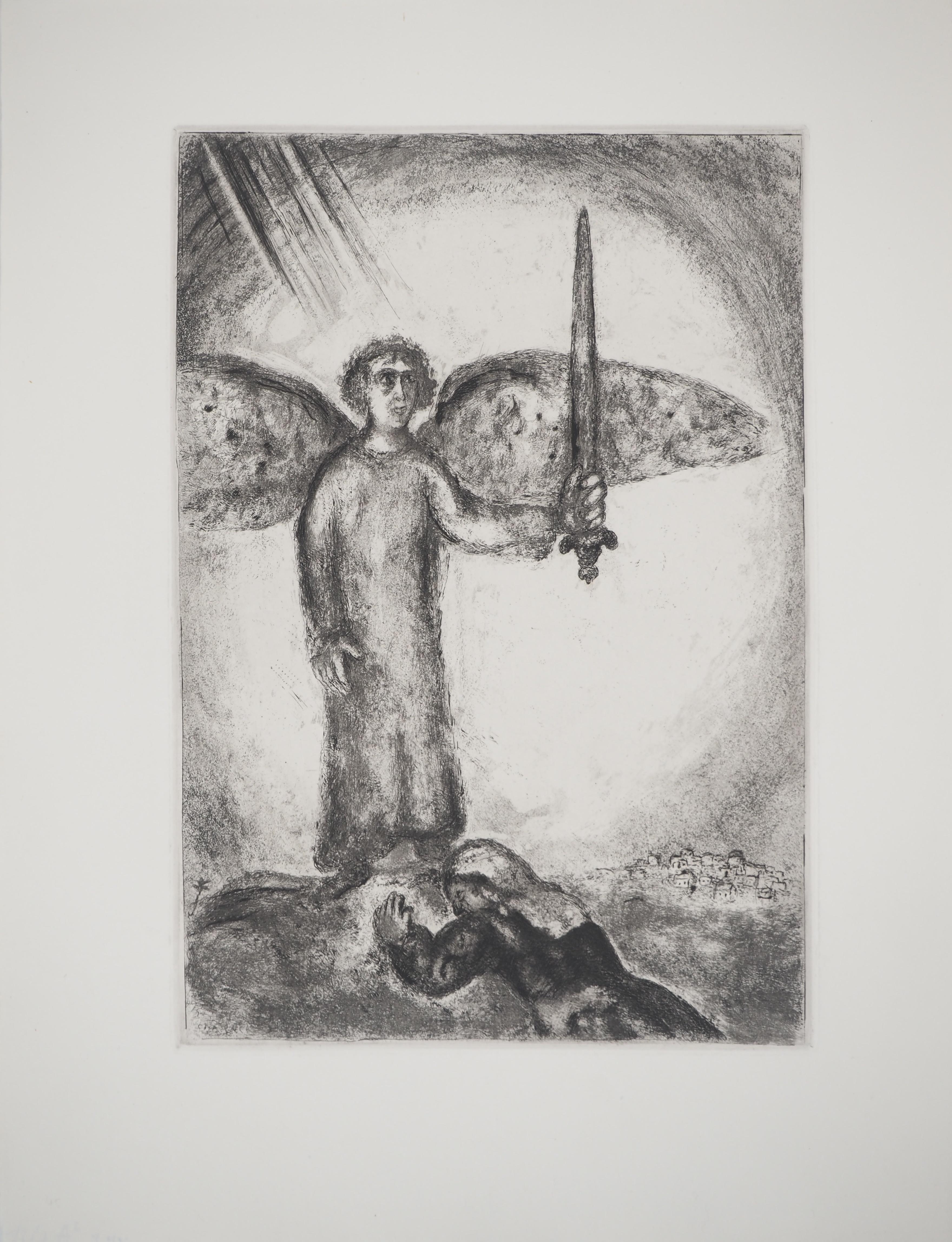 Marc Chagall Figurative Print - Bible : Joshua with the angel with the sword, 1939 - Original Etching