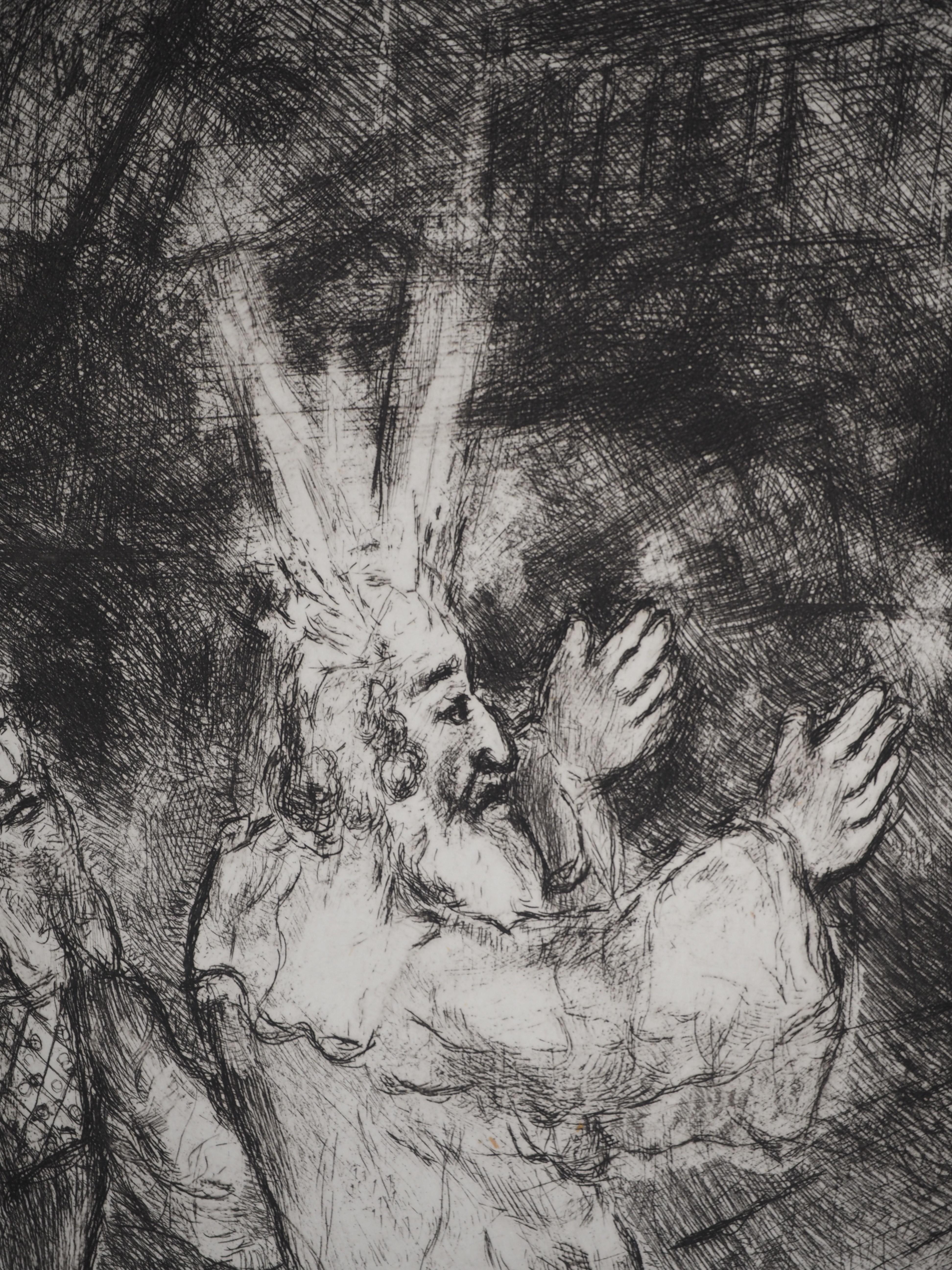 Marc Chagall (1887-1958)
Bible : Moses and Aaron with Pharaoh (Moïse et Aaron devant Pharaon), 1939

Original etching
Not signed
On Montval vellum, 44 x 33.5 cm (c. 17.3 x 13.1 inch)

INFORMATION: Published by Vollard / Tériade in 1956

REFERENCE: