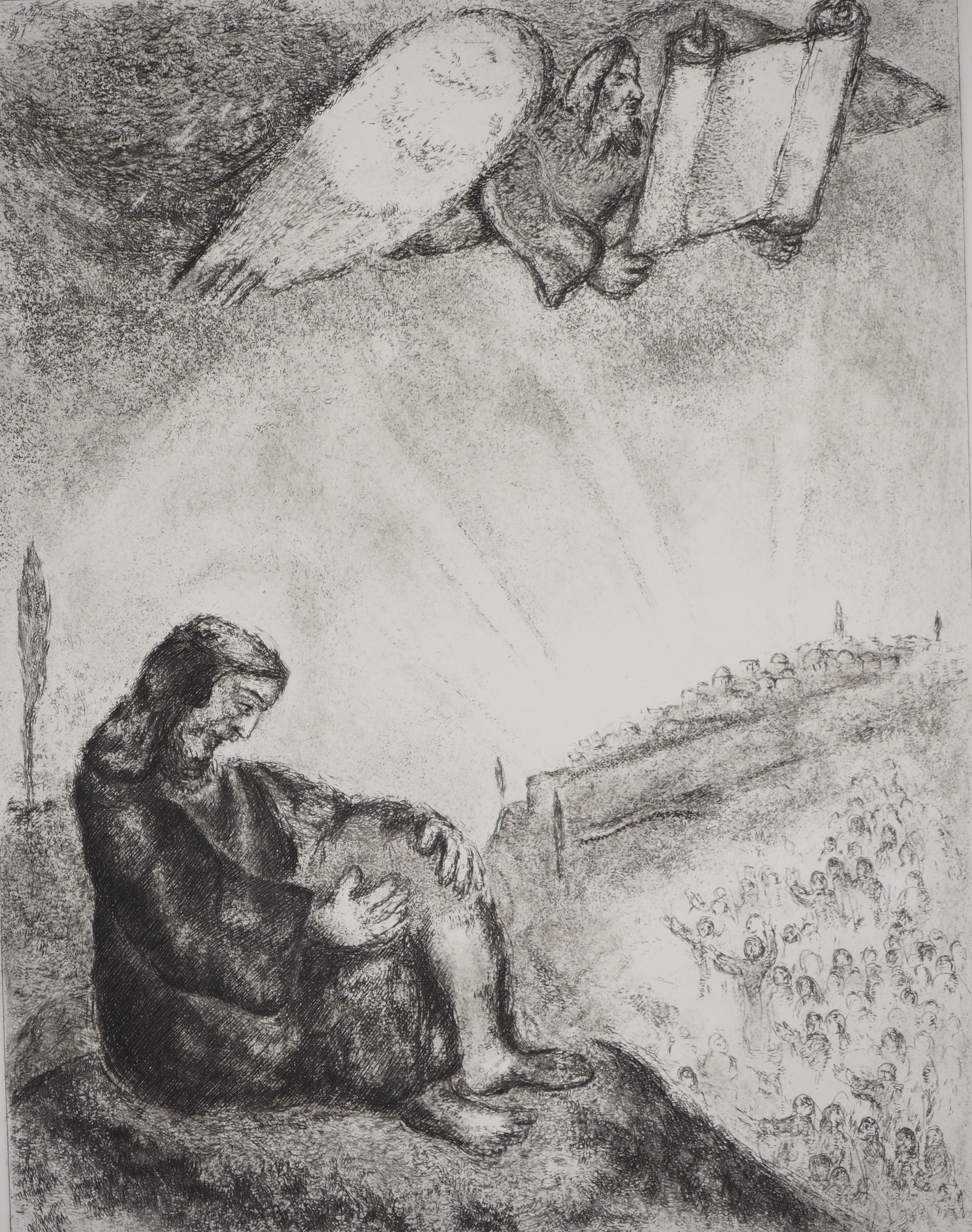 Marc Chagall (1887-1958)
Bible : Prophecy about Jerusalem (Prophétie sur Jérusalem), 1939

Original etching
Printed signature in the plate
On Montval vellum, 44 x 33.5 cm (c. 17.3 x 13.1 inch)

INFORMATION: Published by Vollard / Tériade in