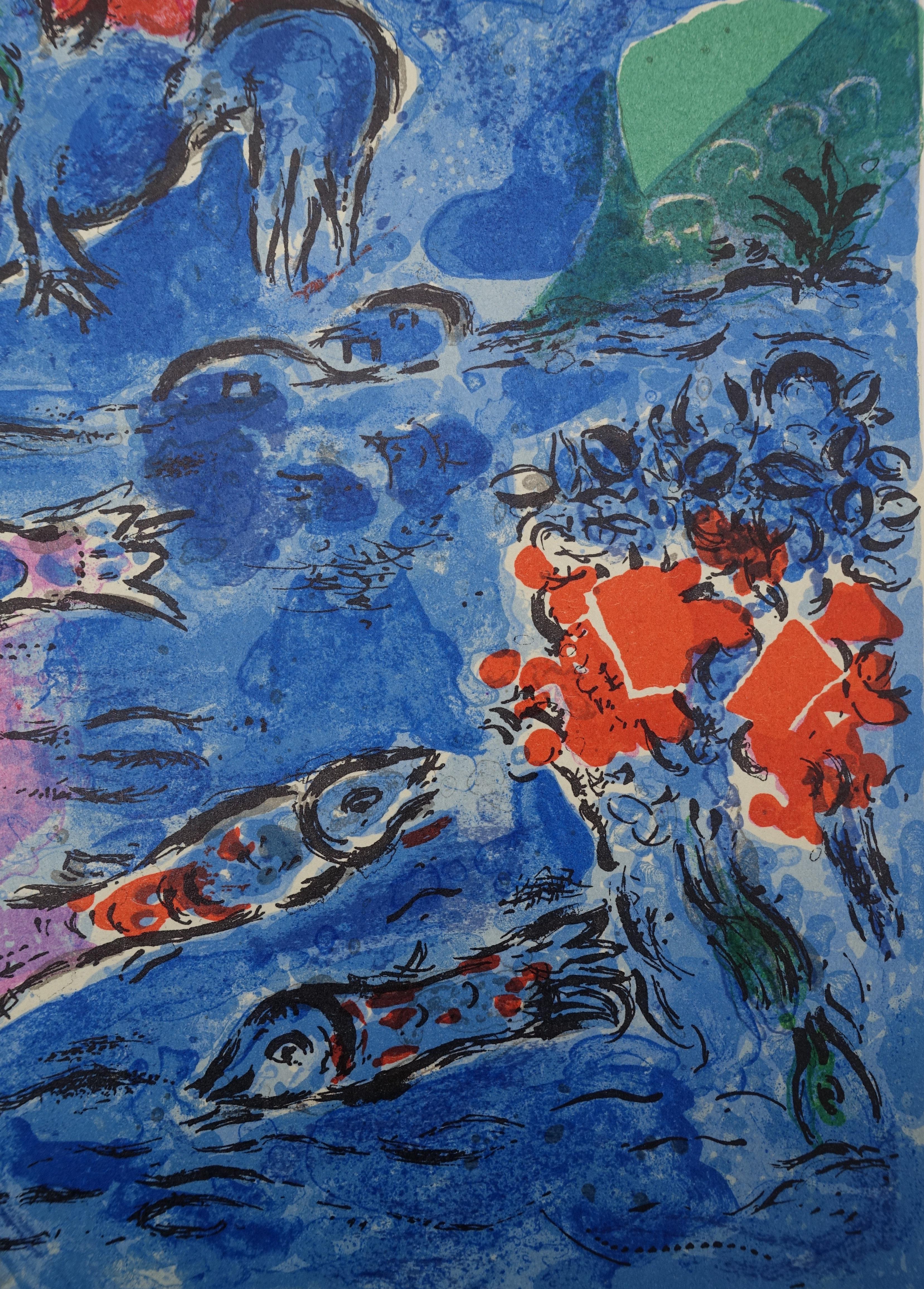 Biblia : Ruben, Océano, Cielo y Sol - Litografía (Mourlot 1962) - Animal Print Azul de Marc Chagall