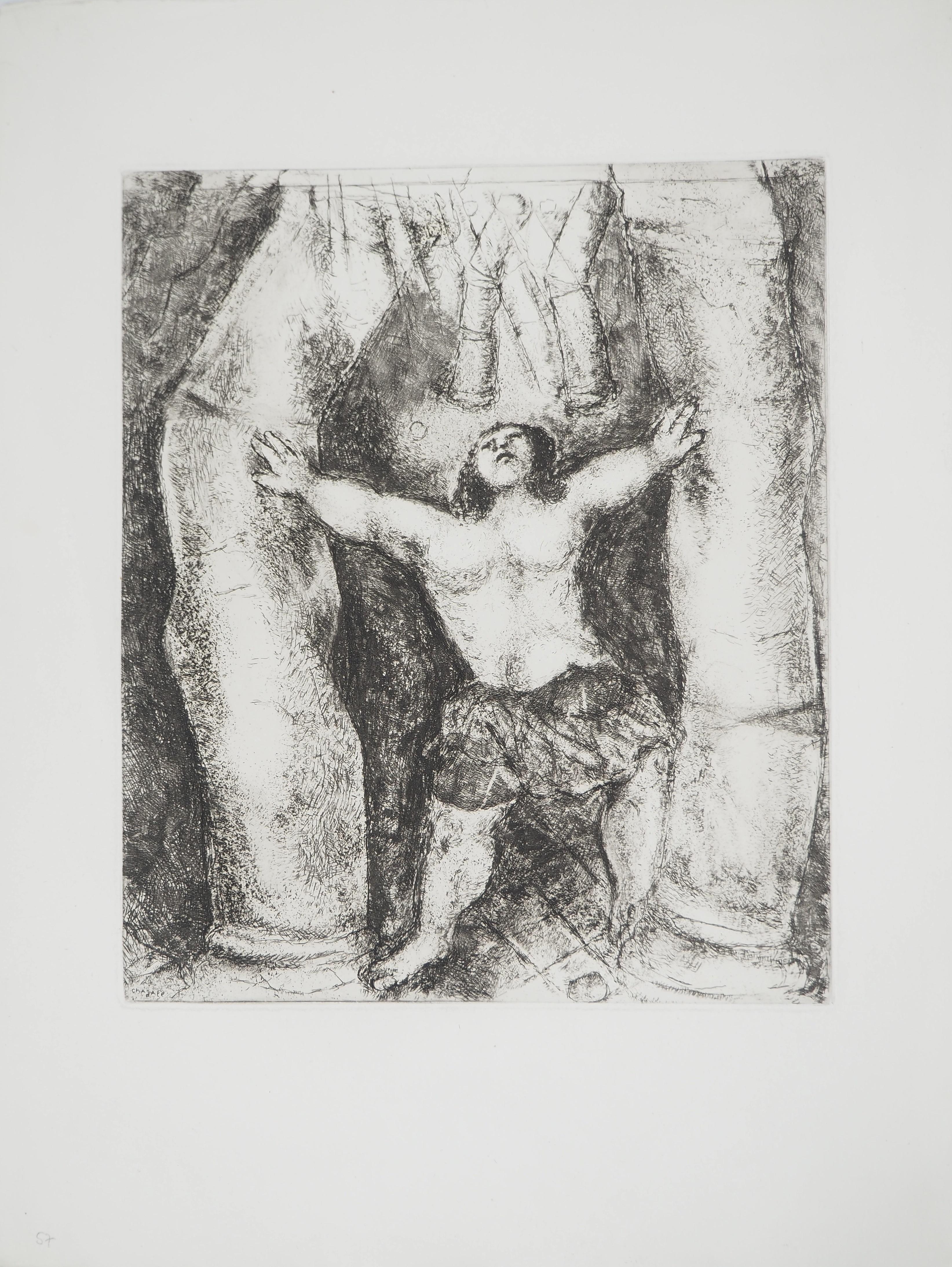 Marc Chagall Figurative Print - Bible : Samson overthrows the pillars, 1939 - Original Etching