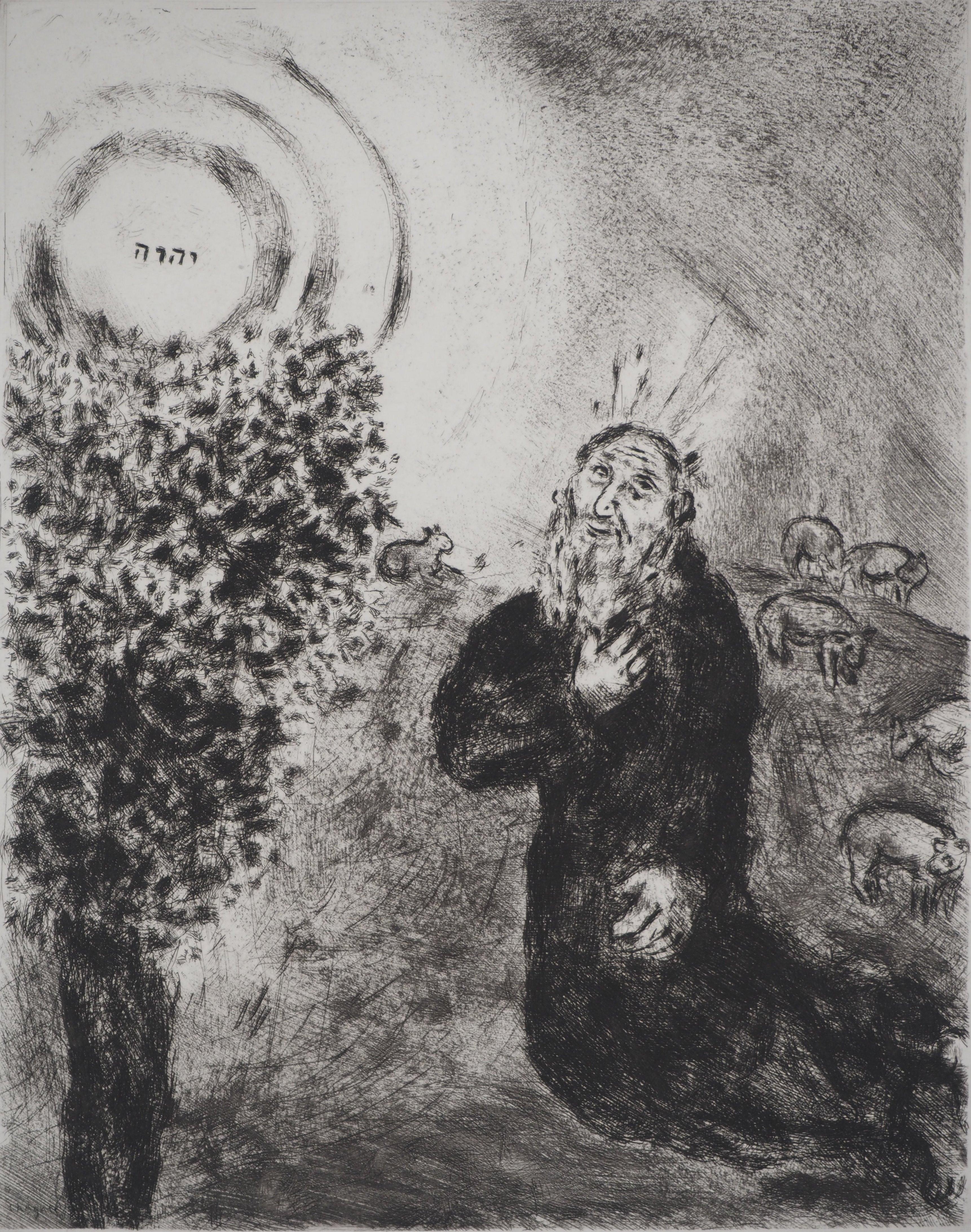 Marc Chagall (1887-1958)
Bible : The burning bush (Le buisson ardent), 1939

Original etching
Printed signature in the plate
On Montval vellum, 44 x 33.5 cm (c. 17.3 x 13.1 inch)

INFORMATION: Published by Vollard / Tériade in 1956

REFERENCE: