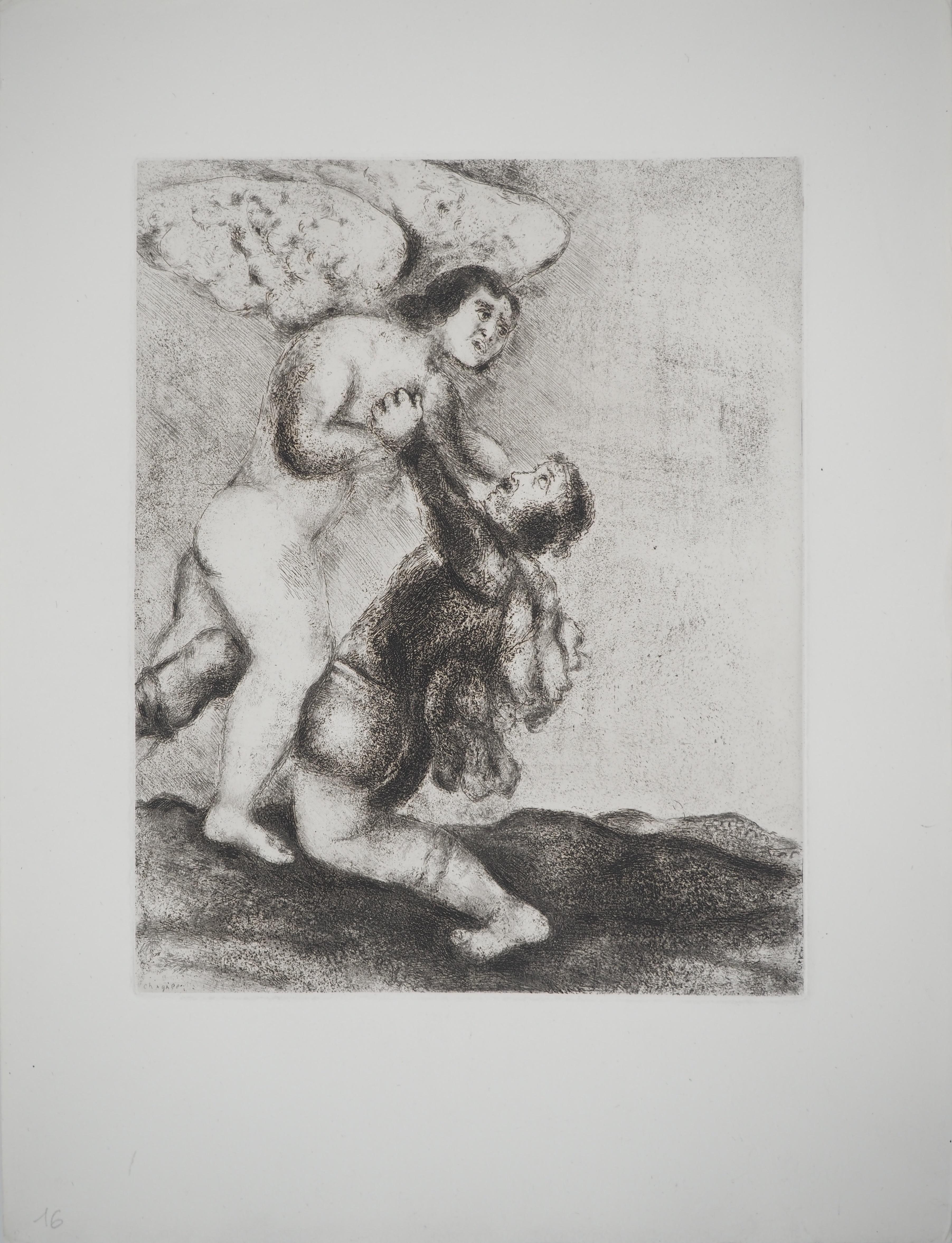 Figurative Print Marc Chagall - Bible : The fight with the angel, 1939 - eau-forte originale