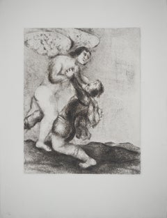 Vintage Bible : The fight with the angel, 1939 - Original Etching