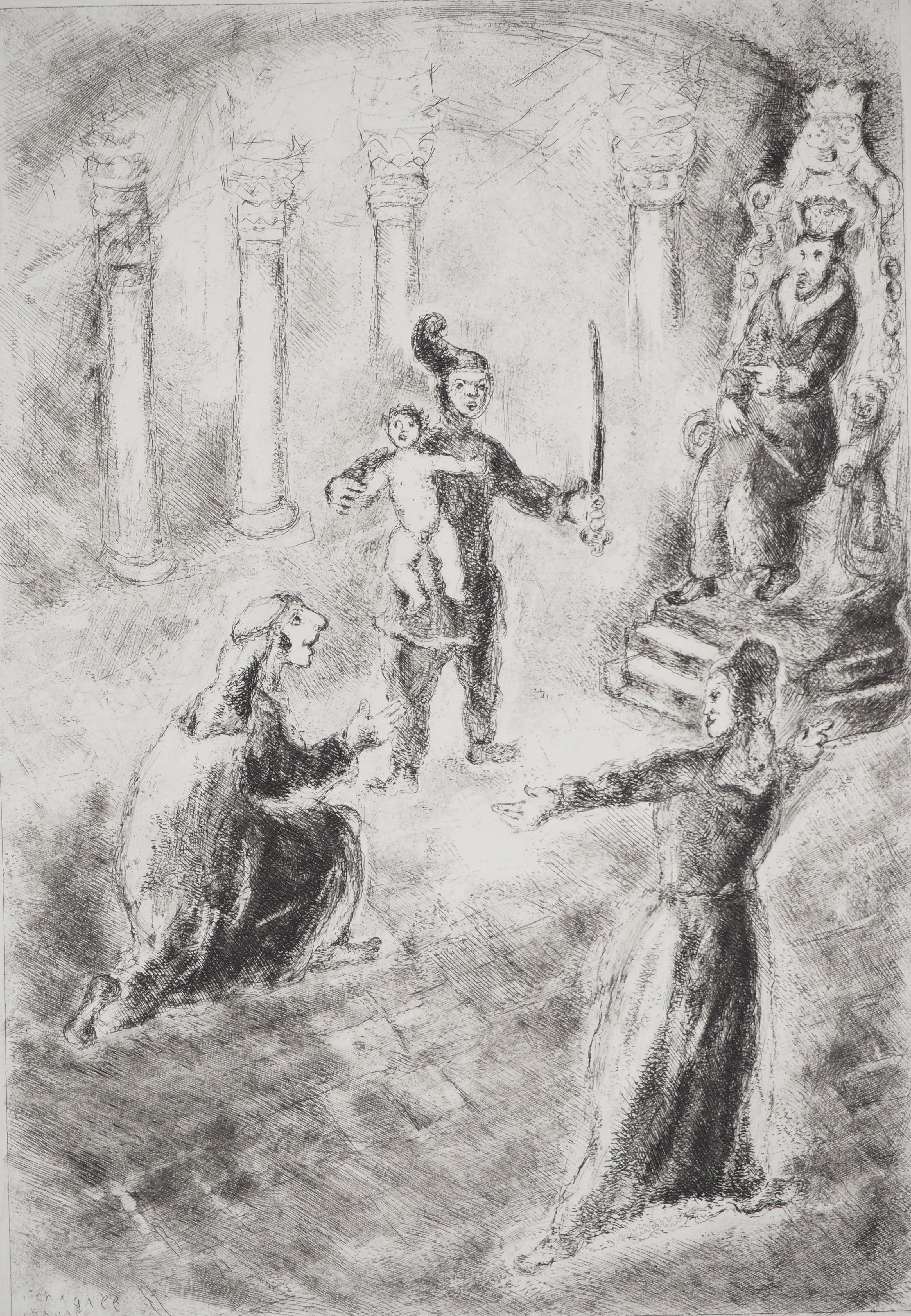 Marc Chagall (1887-1958)
Bible : The judgment of Solomon (Le jugement de Salomon), 1939

Original etching
Printed signature in the plate
On Montval vellum, 44 x 33.5 cm (c. 17.3 x 13.1 inch)

INFORMATION: Published by Vollard / Tériade in