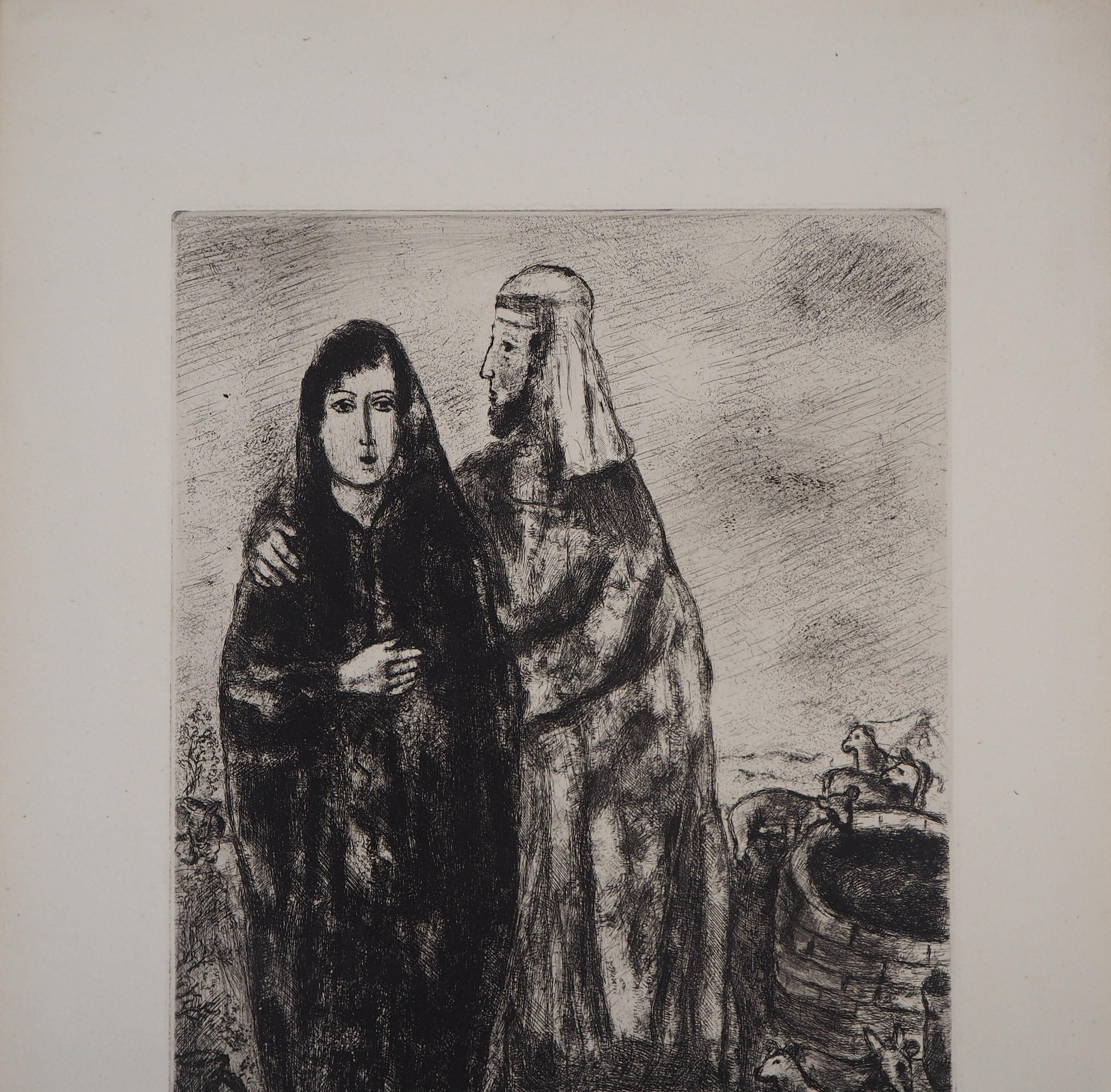 Marc Chagall (1887-1958)
Bible: The Meeting of Rachel and Jacob (Rencontre de Rachel et Jacob), 1958

Original etching
Printed signature in the plate
On Montval vellum, 44 x 33 cm (c. 17.3 x 12.9 inch)

INFORMATION: Published by Vollard / Tériade in