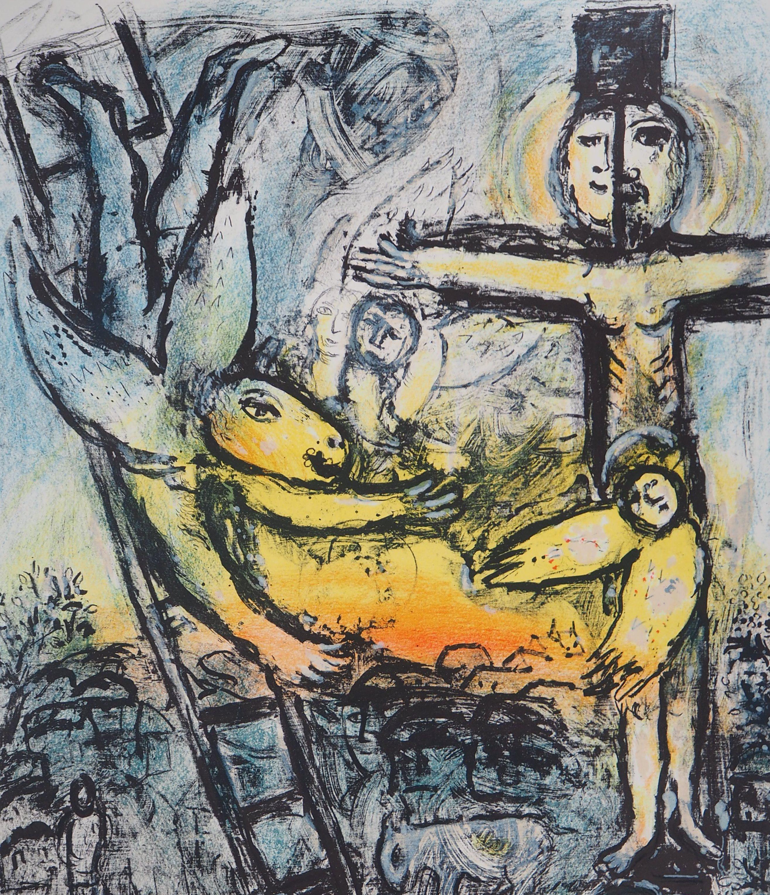 Bible : Vision of Jacob - Original lithograph (Mourlot #625) - Gray Figurative Print by Marc Chagall