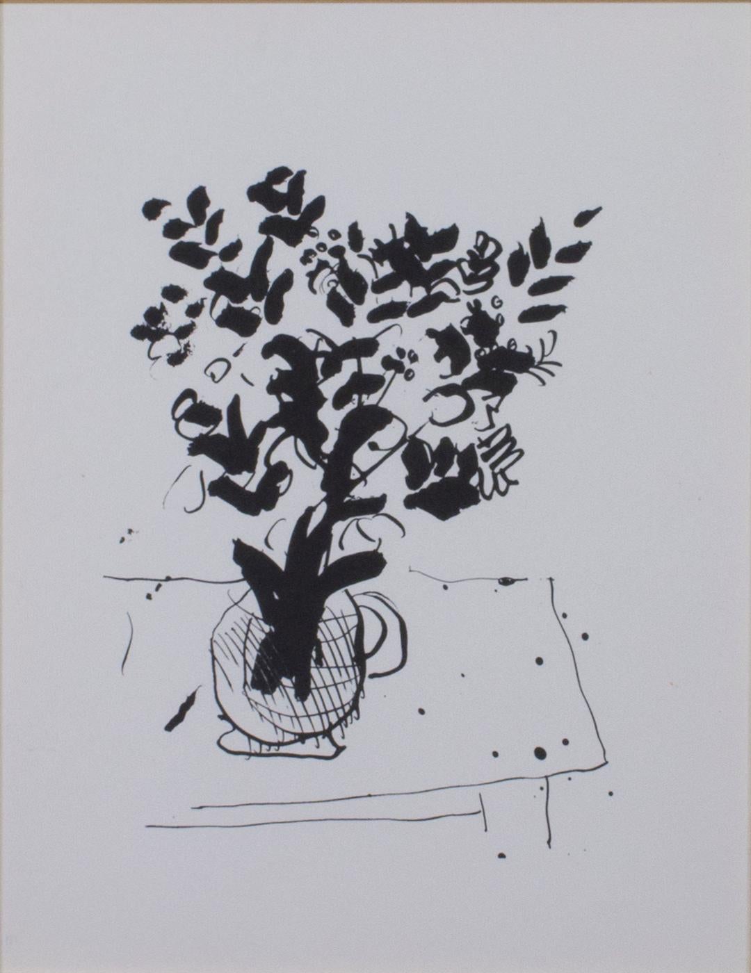 Bouquet en noir et blanc dans un vase sur table, lithographie de Marc Chagall  en vente 1