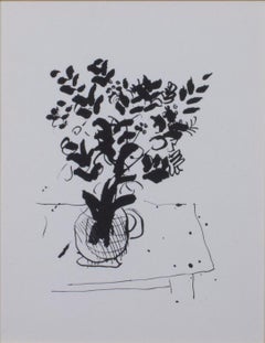Schwarzer und weißer Blumenstrauß in Vase auf Tisch, Lithographie von Marc Chagall
