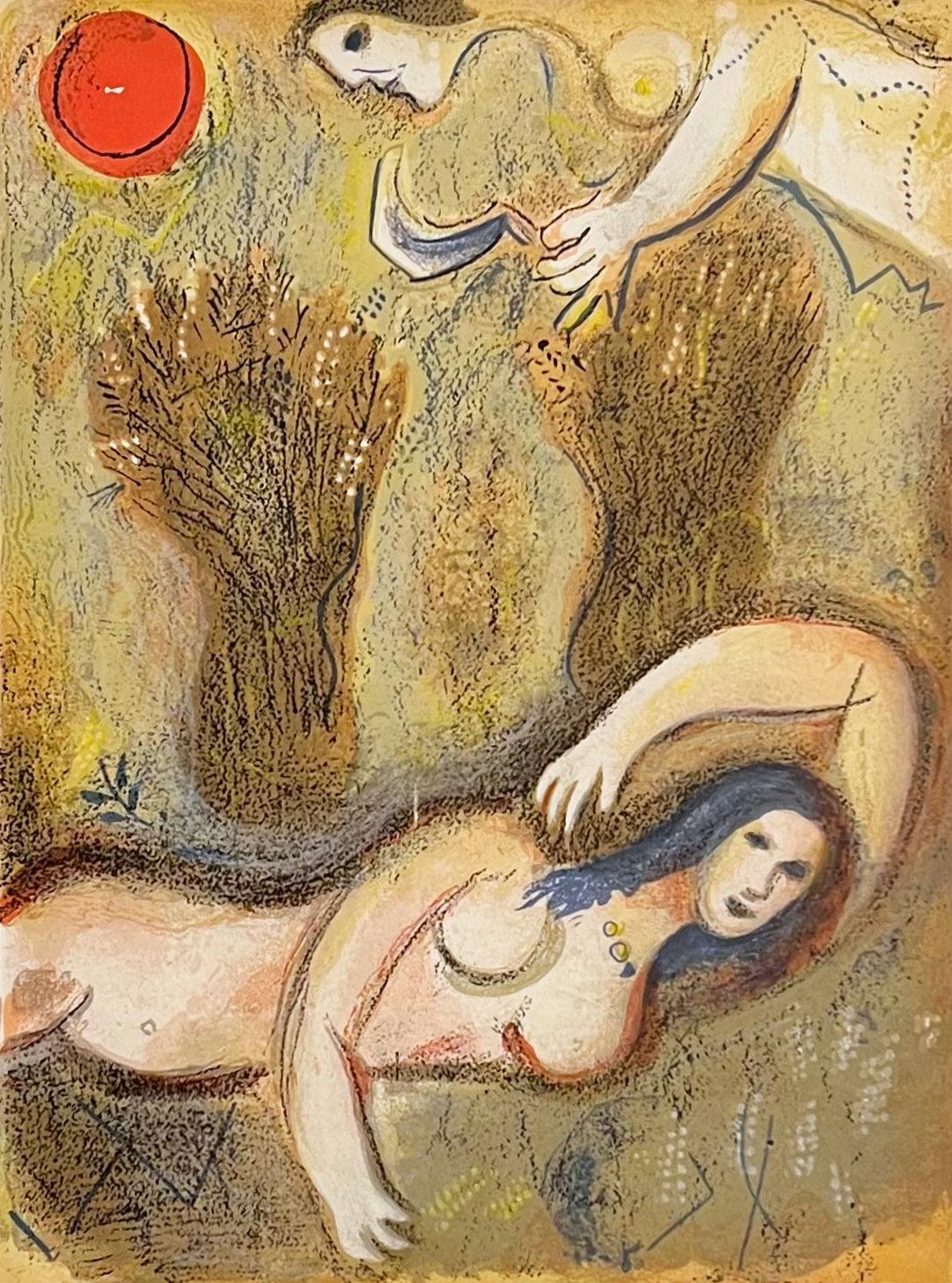 Figurative Print Marc Chagall - Boaz se réveille et voit Ruth à ses pieds.