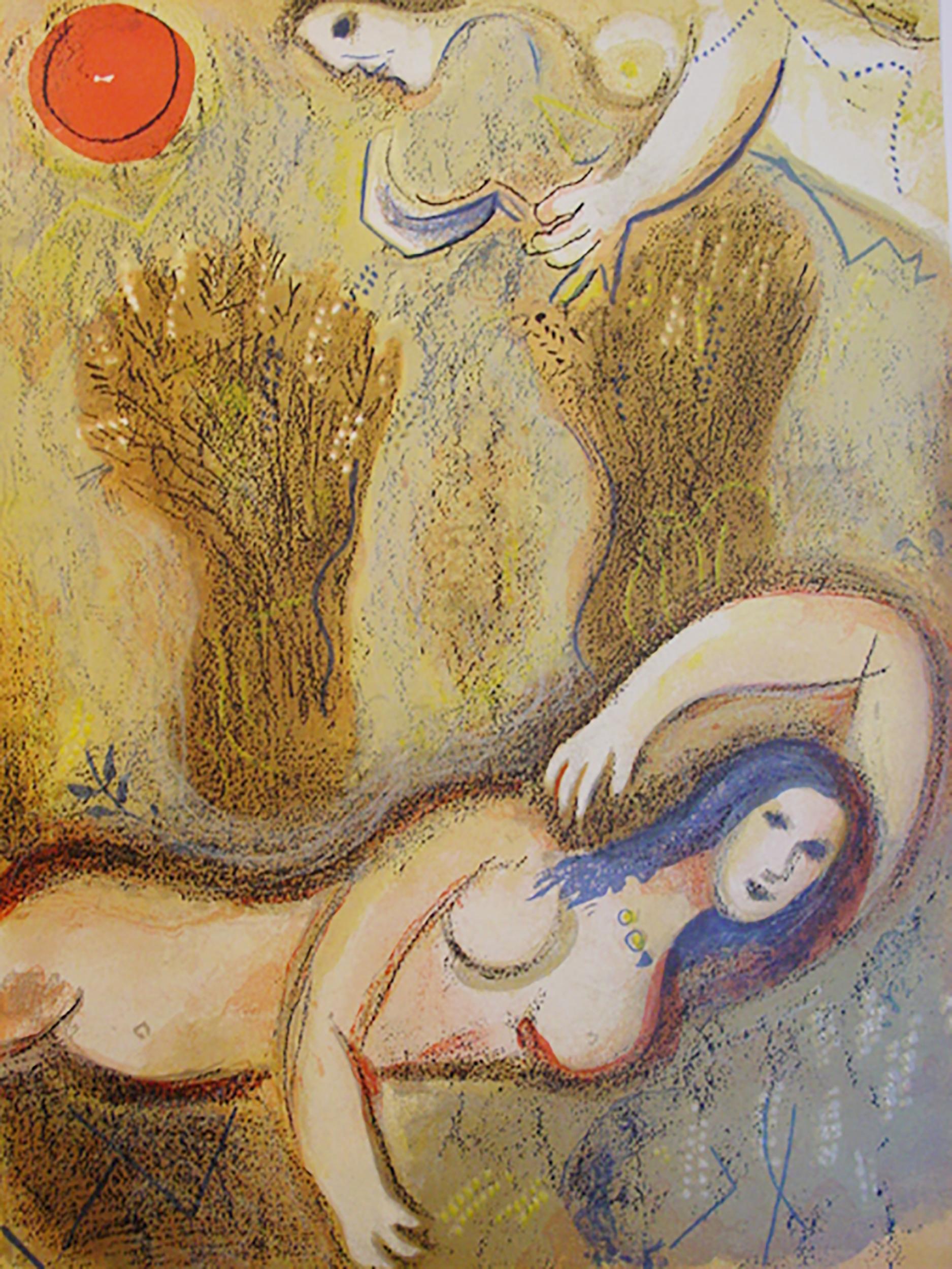 Marc Chagall Figurative Print - Boaz Wakes Up and Sees Ruth at His Feet