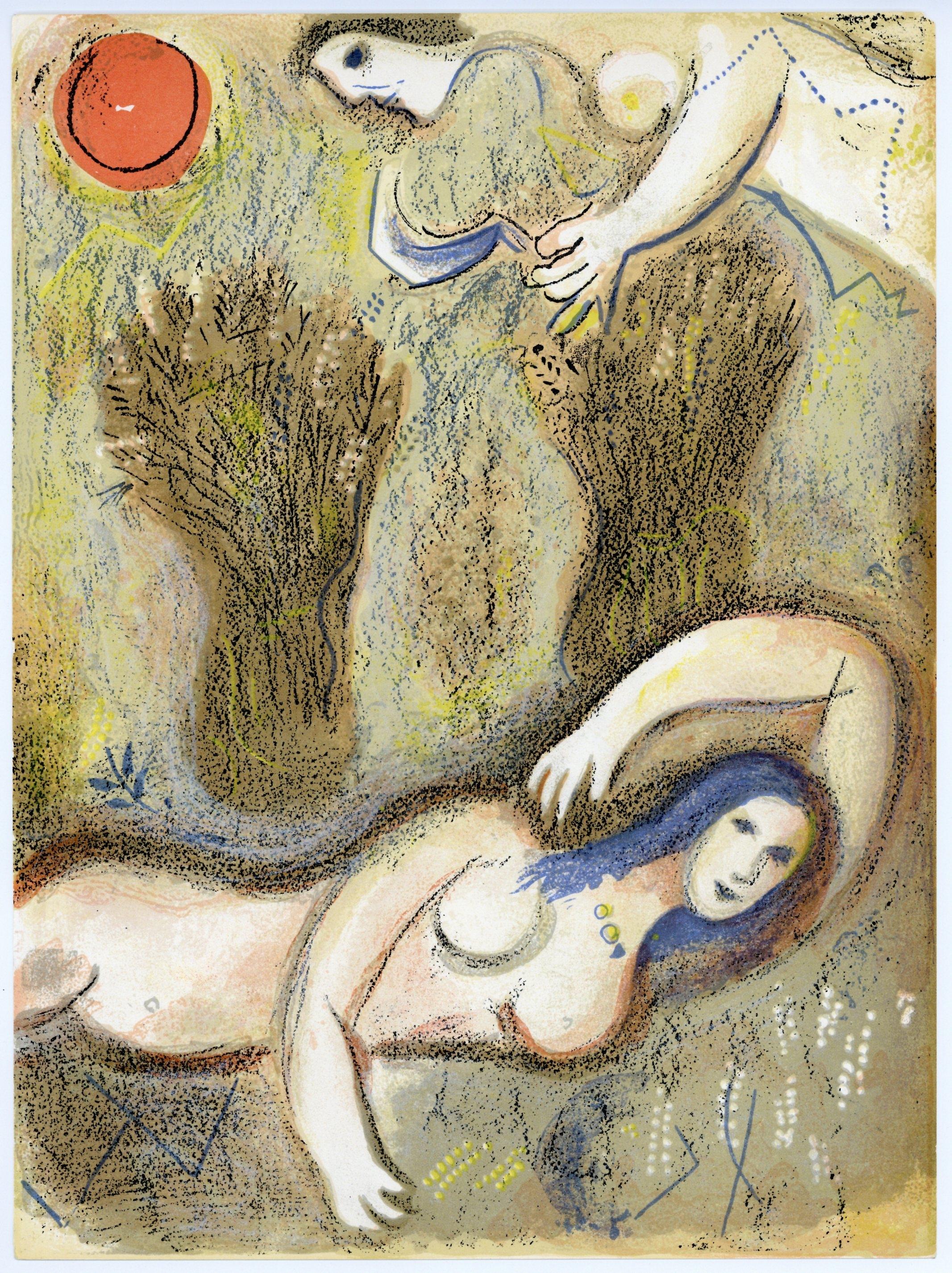 Marc Chagall Portrait Print – "Boas wacht auf und sieht Rut zu seinen Füßen" Original-Lithographie