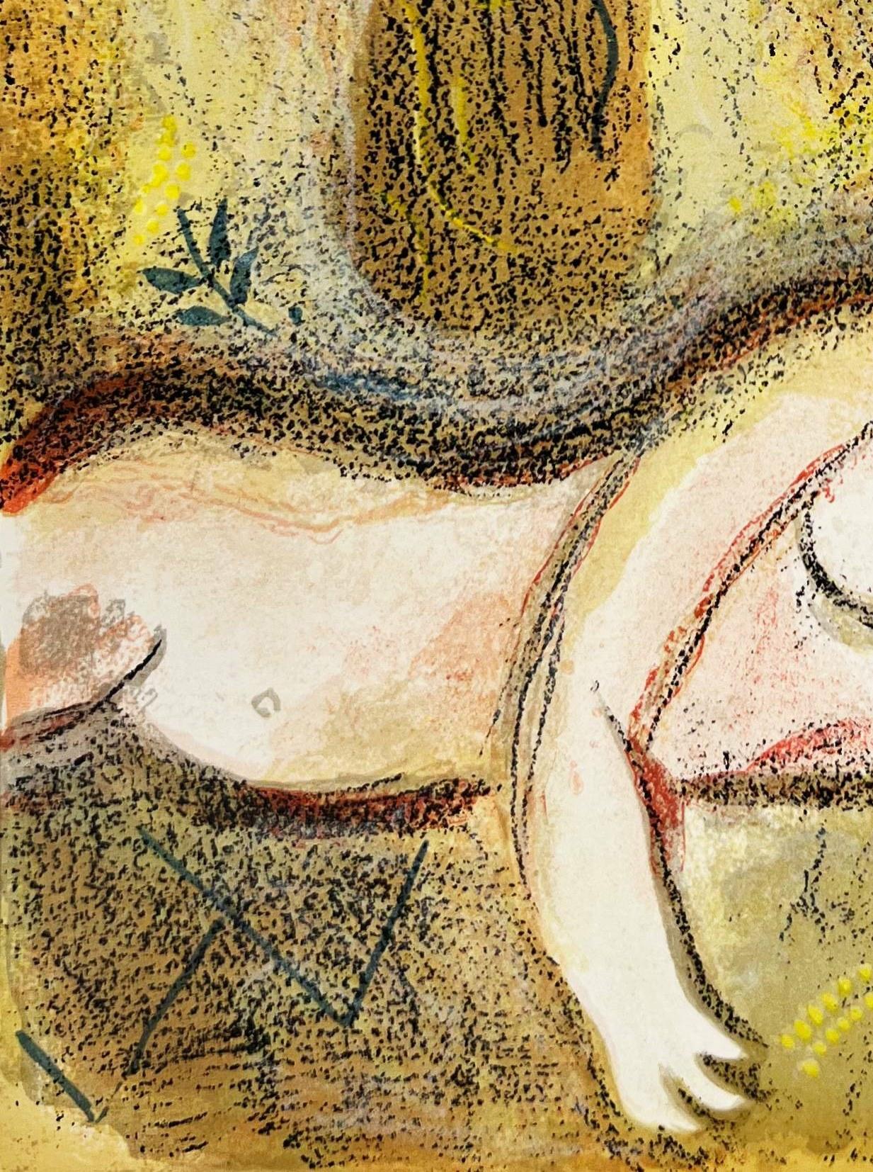 Boaz wakes up and sees Ruth - Beige Figurative Print by Marc Chagall