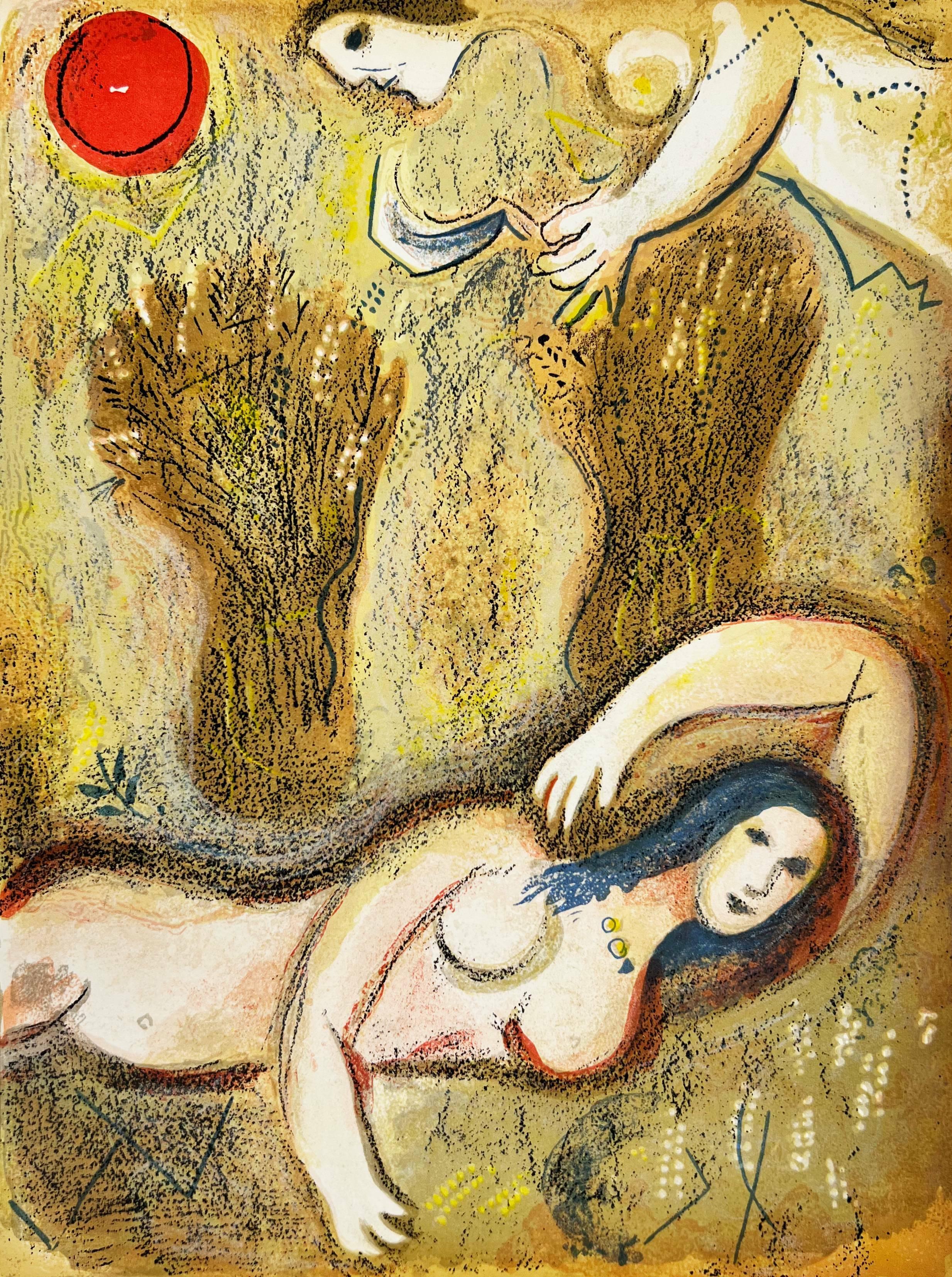 Marc Chagall Figurative Print - Boaz wakes up and sees Ruth