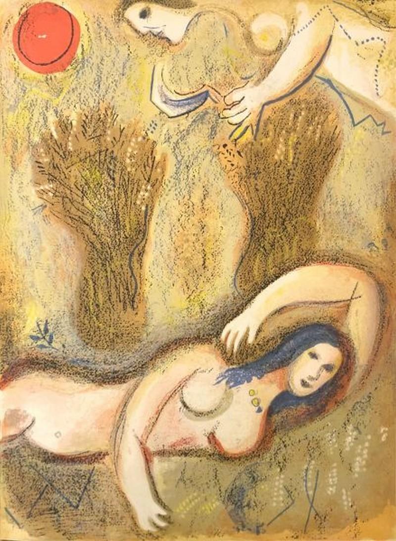 Figurative Print Marc Chagall - Booz se réveille et voit Ruth à ses pieds