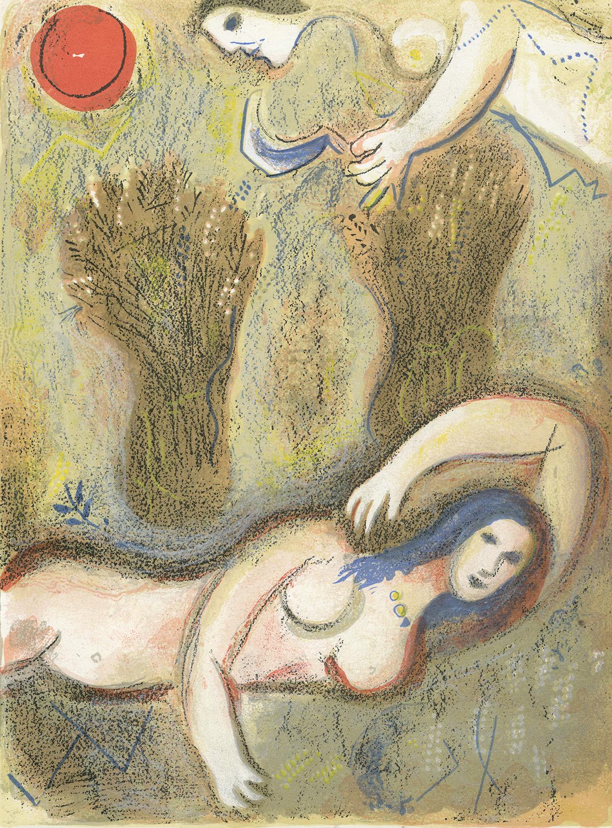Marc Chagall Figurative Print - "Booz se réveille et voit Ruth à ses Pieds, " Original Lithograph by Chagall 