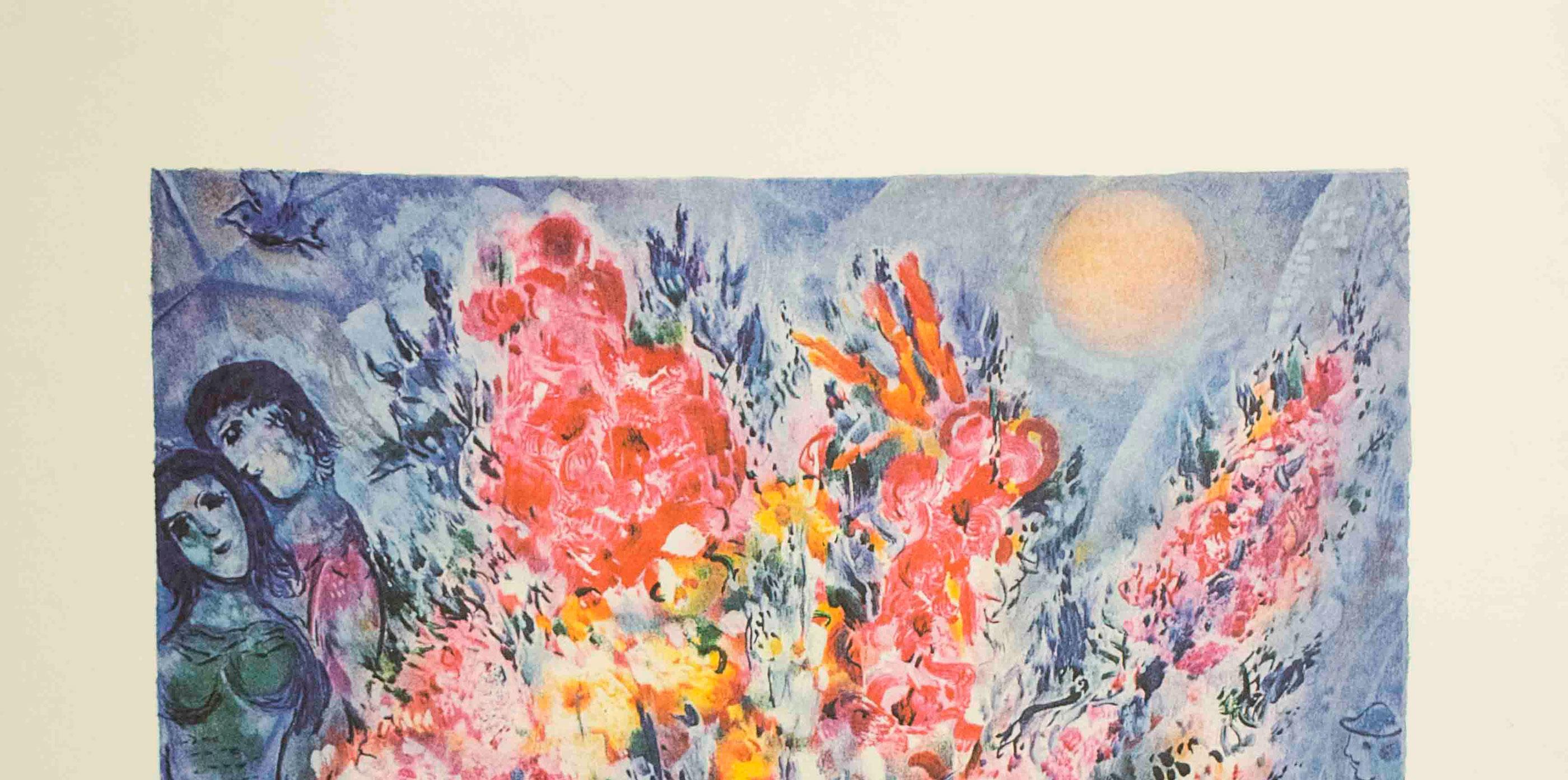 Blumenstrauß und Liebespaar – Print von Marc Chagall