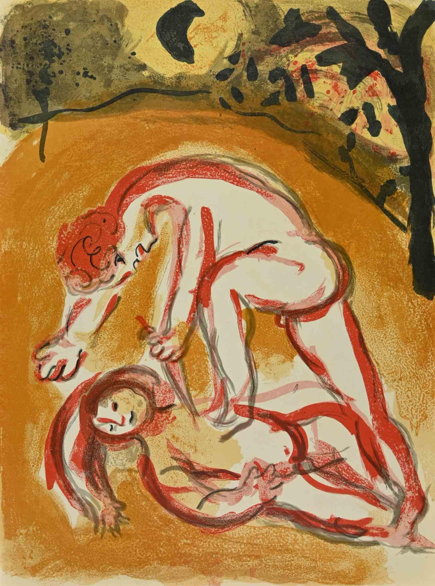 Cain and Abel  is an artwork from the Series "The Bible", by Marc Chagall in 1960.
Mixed colored lithograph on brown-toned paper, no signature.
Edition of 6500 unsigned lithographs. Printed by Mourlot and published by Tériade, Paris.
Excellent