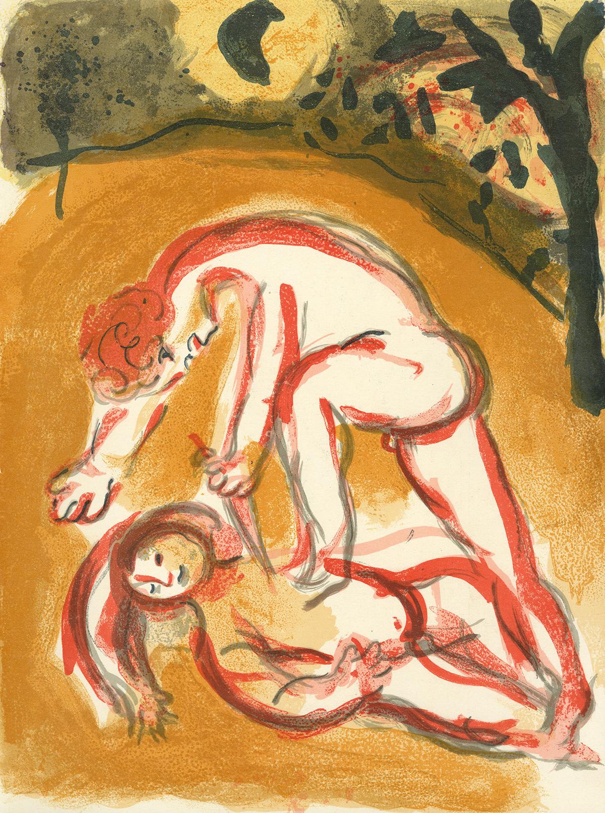 Marc Chagall Figurative Print – ""Can et Abel (Cain und Abel), M 238/261,"" Original Farblithographie von Chagall