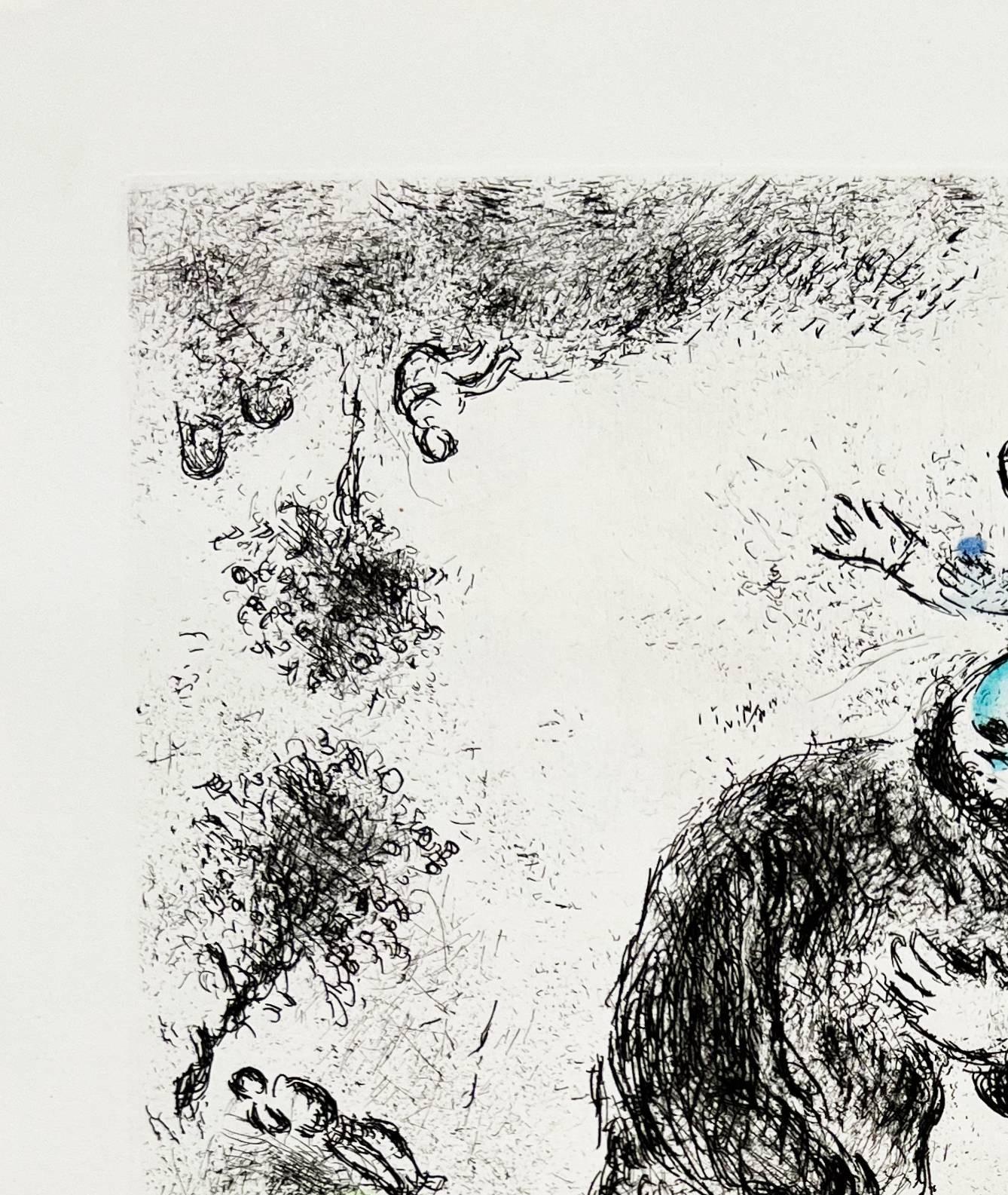 Marc Chagall (1887-1985) - Celui qui dit les choses sans rien dire, Planche XII

Etching and aquatint from 1976.

An unnumbered and unsigned copy in black, outside from signed edition of 225.

Dimensions of sheet: 47 x 35 cm

Dimensions in frame: