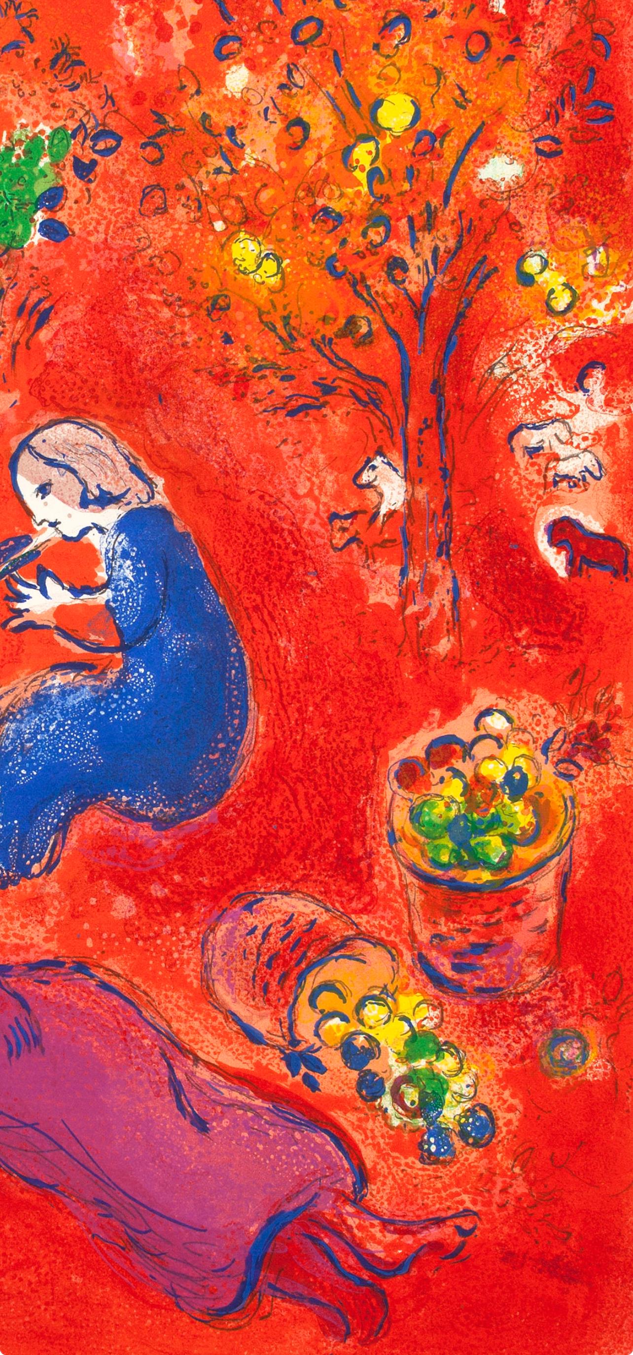 Chagall, A Midi, l'Été, Daphnis et Chloé (after) - Rouge Figurative Print par Marc Chagall