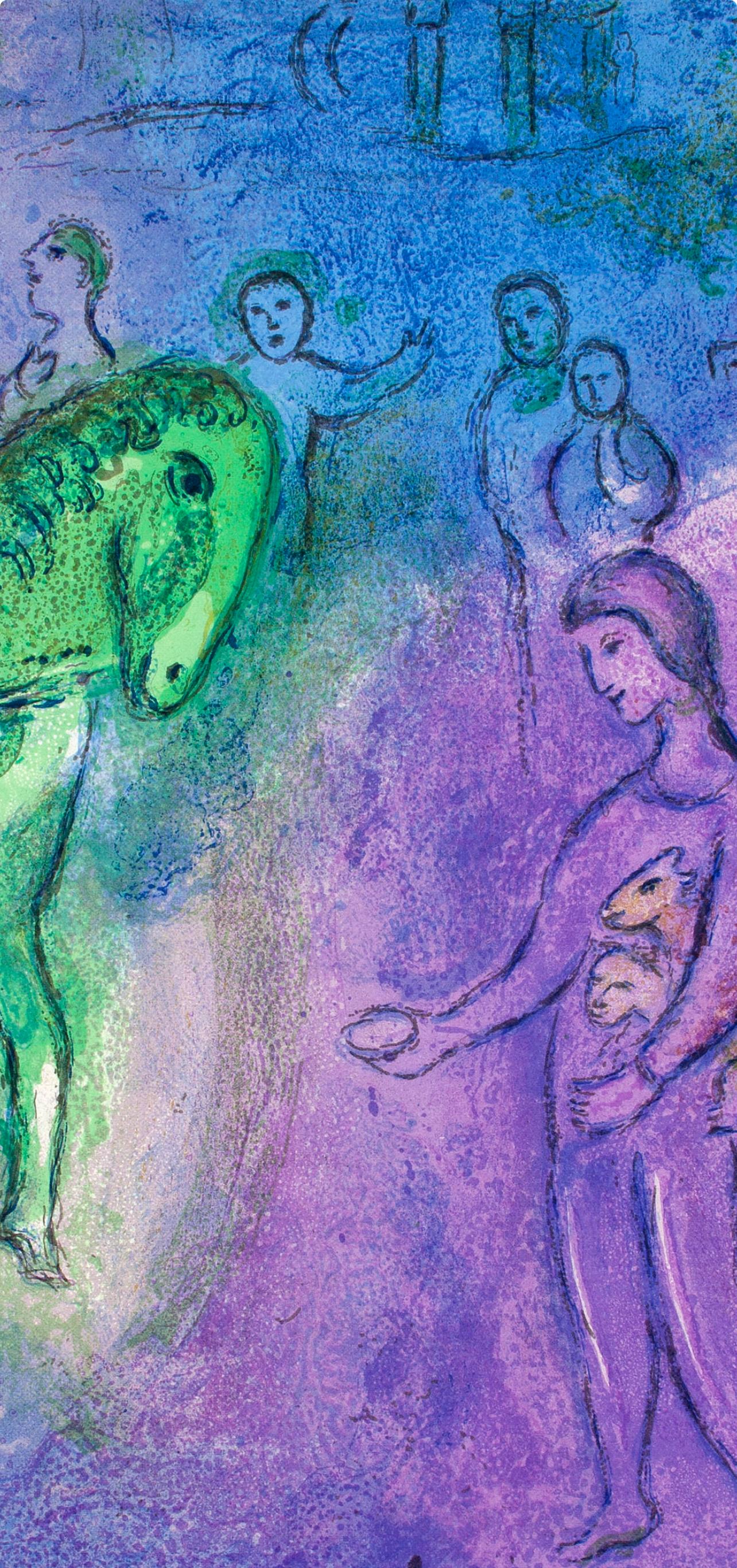 Chagall, Arrivée de Dionysophane, Daphnis et Chloé (after) - Violet Figurative Print par Marc Chagall