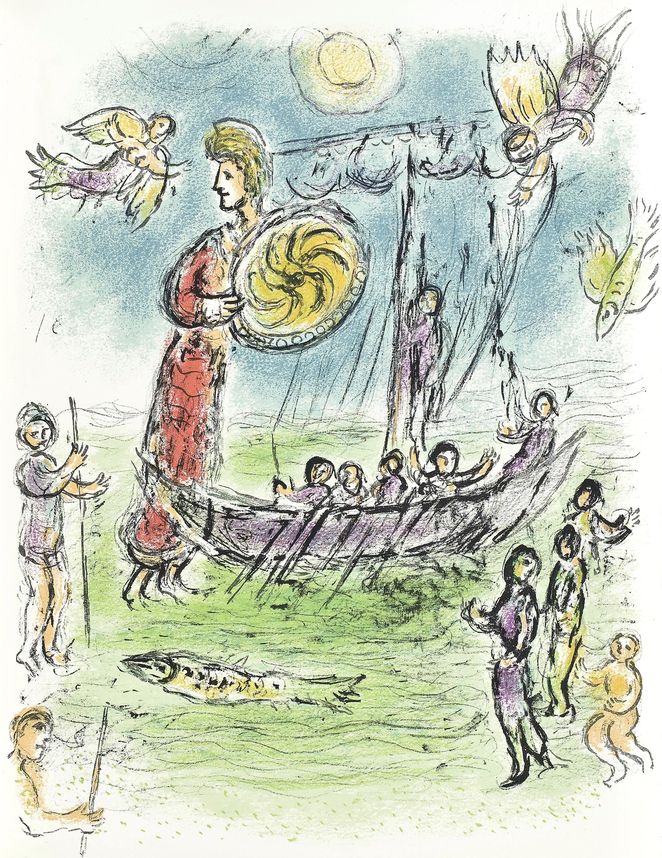 This exquisite lithograph after Marc Chagall (1887–1985), titled Athene führt das Schiff des Telemachos (Athena Guides the Ship of Telemachus), from Homer, Die Odyssee (The Odyssey), originates from the 1989 German-language folio published by