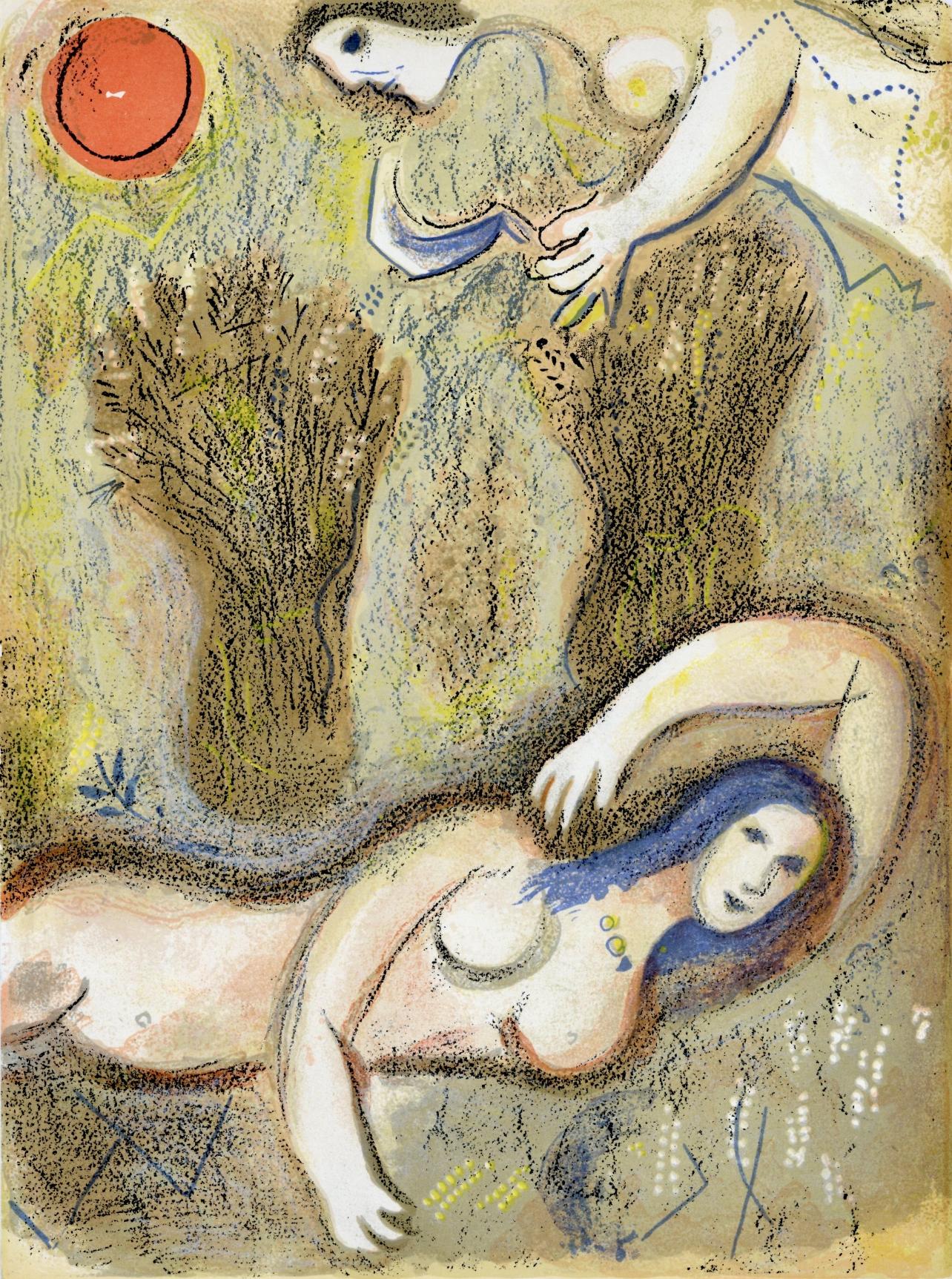 Marc Chagall Figurative Print - Chagall, Boaz sees Ruth at his feet (Mourlot 117-46; Cramer 25) (after)