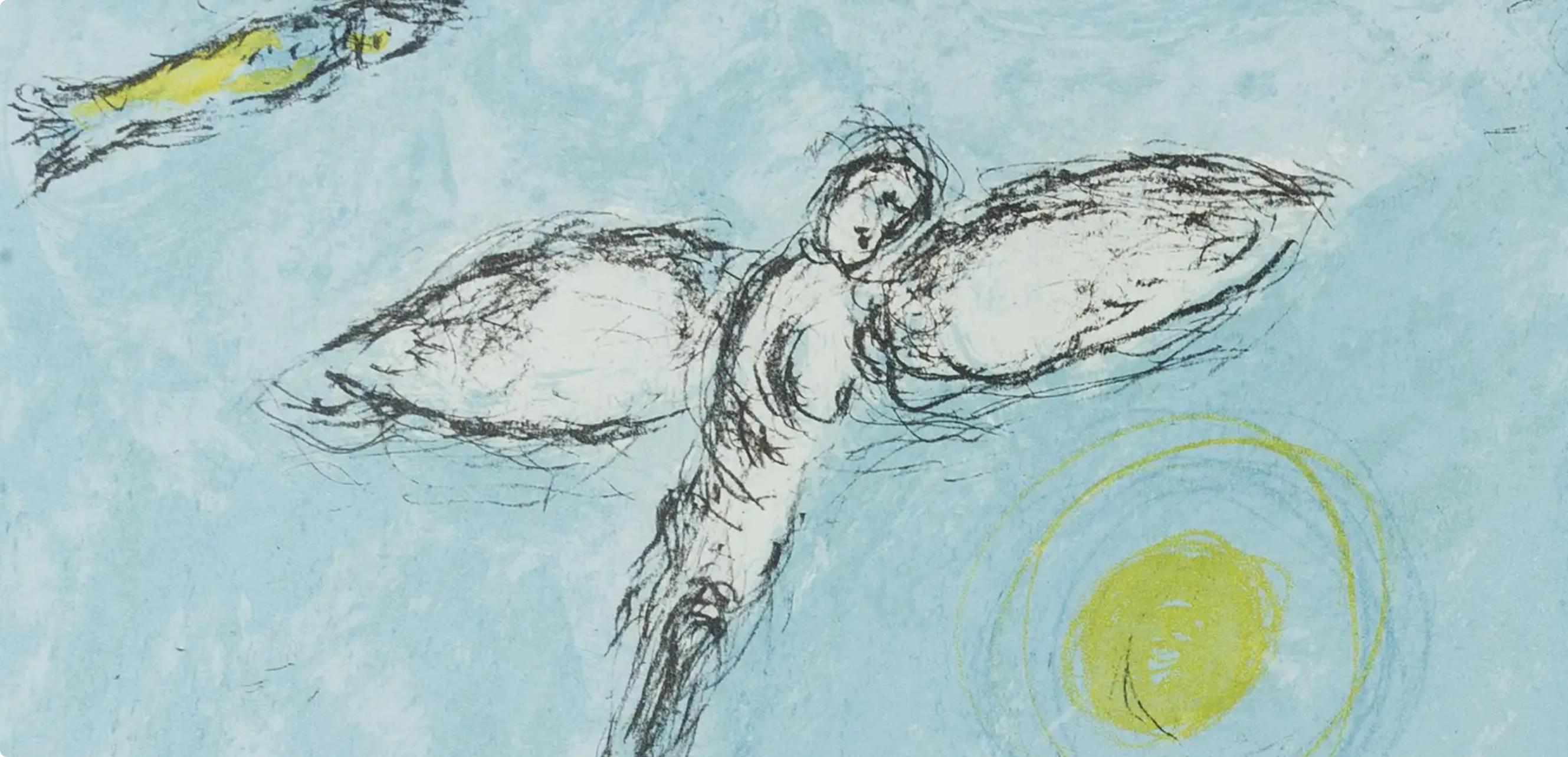 Chagall, Composition (Cramer 111; Mourlot 992), Derrière le Miroir (after) - Blue Figurative Print by Marc Chagall
