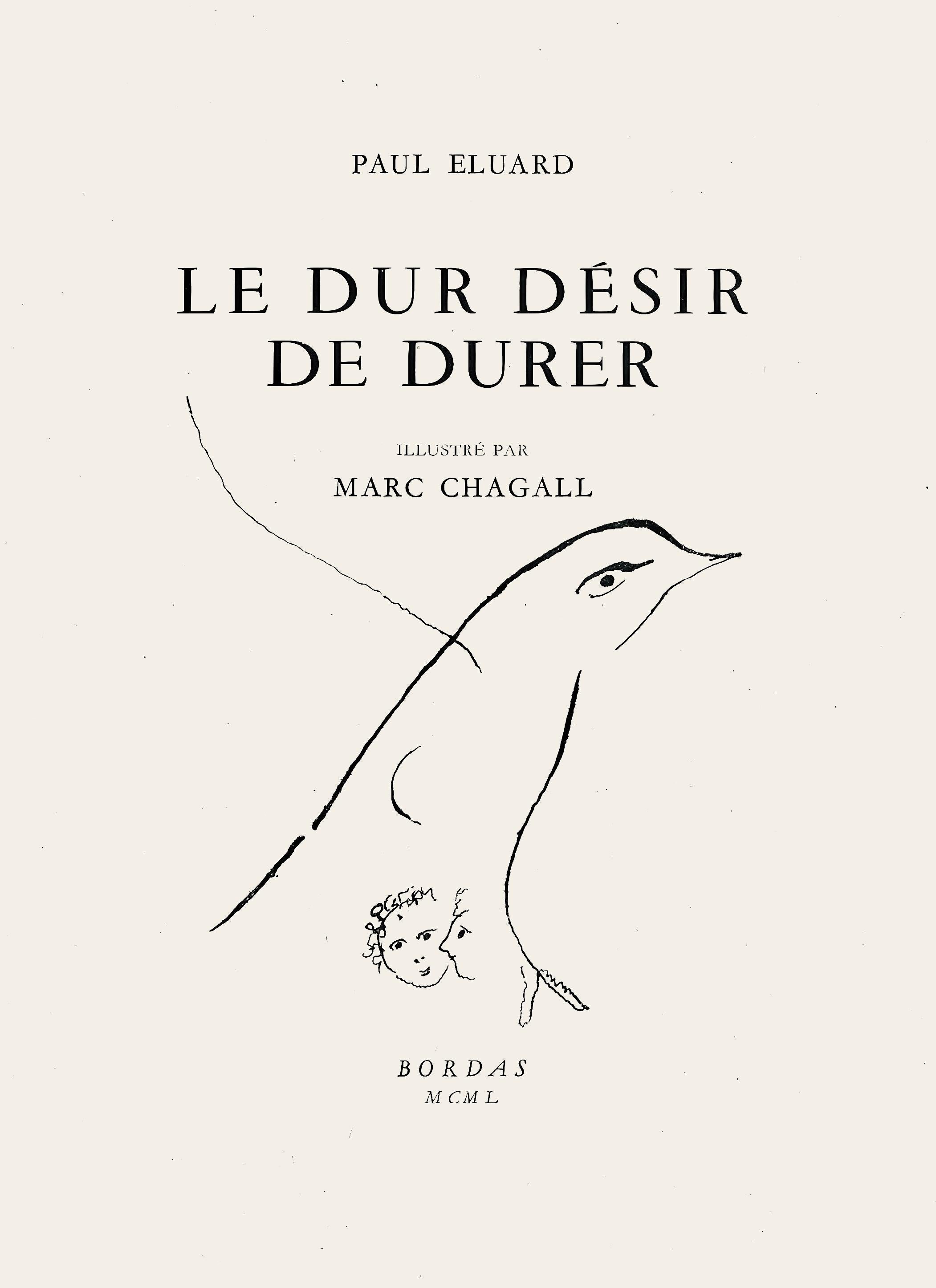 Lithograph on vélin bouffant d'Alfa paper. Inscription: unsigned and unnumbered, as issued. Good condition. Notes: From the volume, Le Dur Désir de Durer, illustré par Marc Chagall, 1950. Published by Éditions Arnold Bordas, Paris; printed by