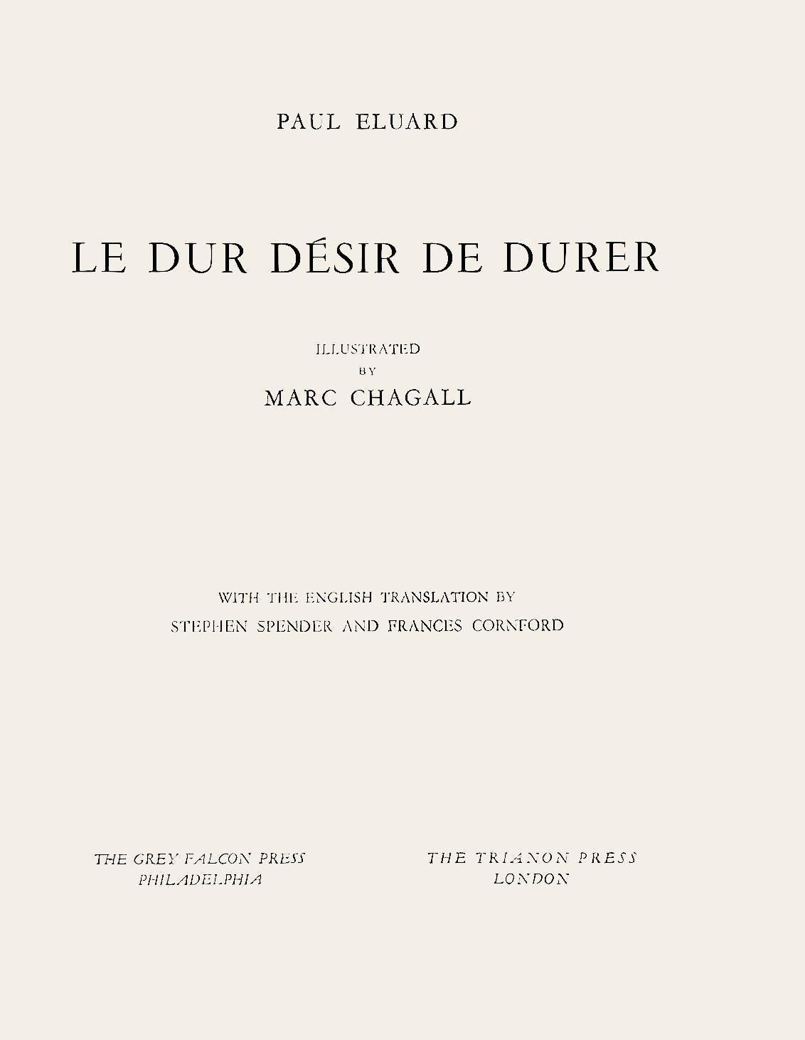 Lithograph on vélin bouffant d'Alfa paper. Inscription: unsigned and unnumbered, as issued. Good condition. Notes: From the volume, Le Dur Désir de Durer, illustré par Marc Chagall, 1950. Published by Éditions Arnold Bordas, Paris; printed by