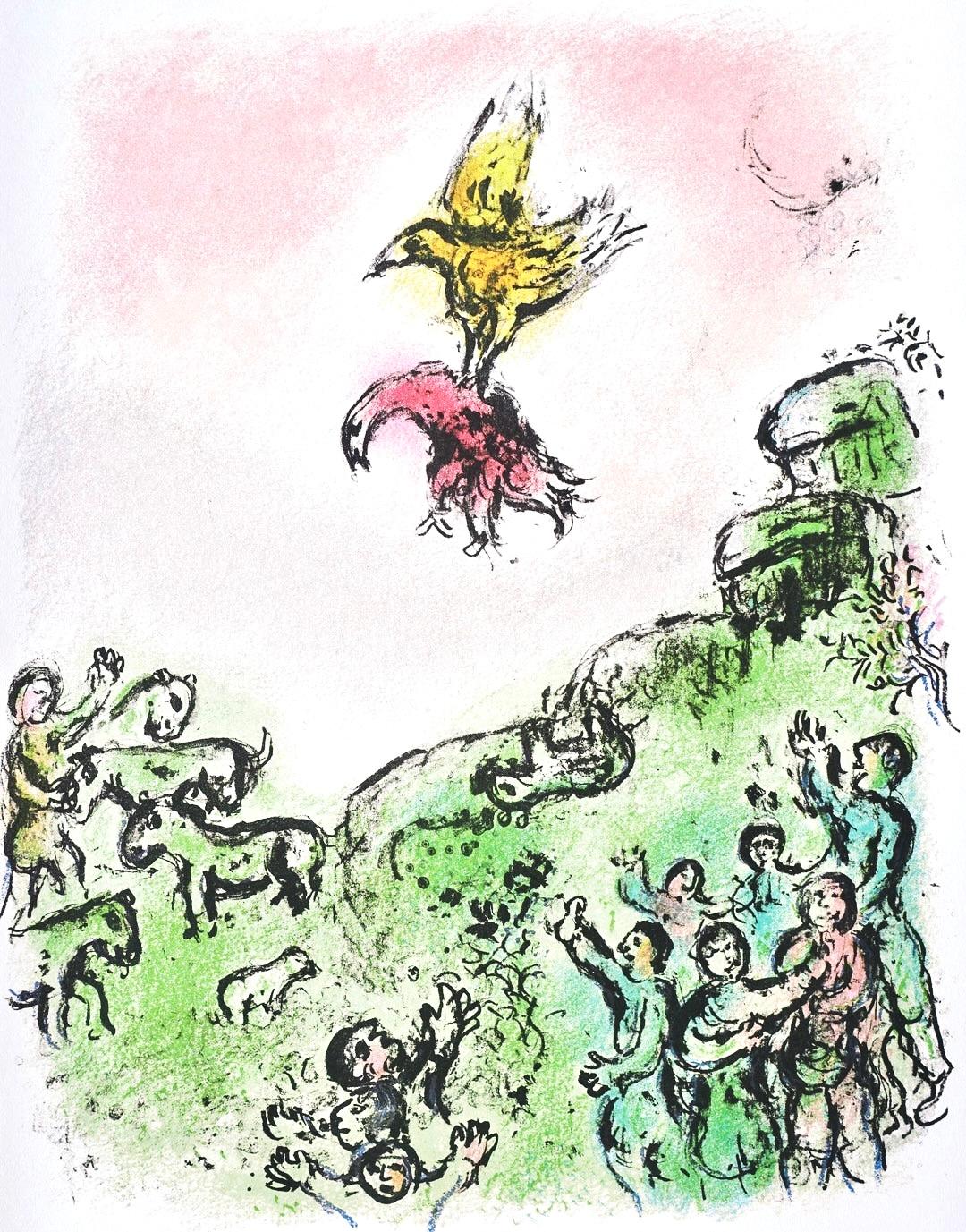 This exquisite lithograph after Marc Chagall (1887–1985), titled Das Vorzeichen, Der Habicht und Taube (The Omen, The Hawk and the Dove), from Homer, Die Odyssee (The Odyssey), originates from the 1989 German-language folio published by Daco-Verlag