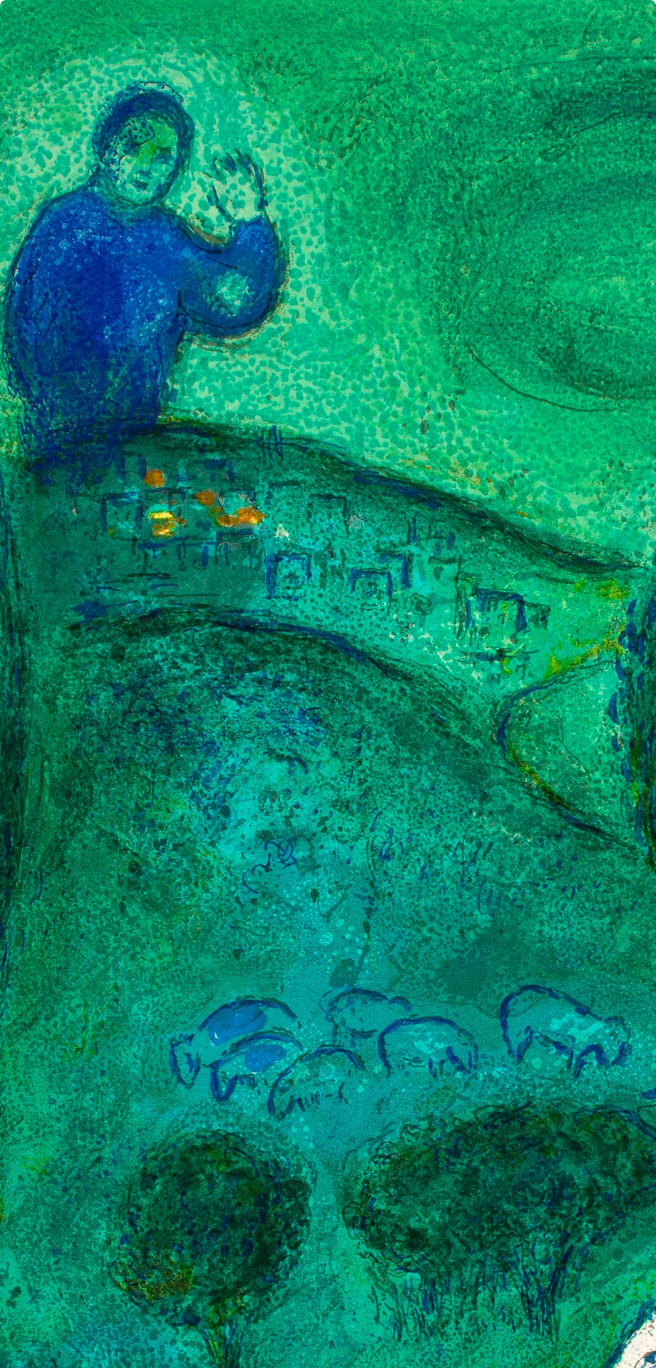 Chagall, Découverte de Daphnis par Lamon, Daphnis et Chloé (after) - Green Landscape Print by Marc Chagall