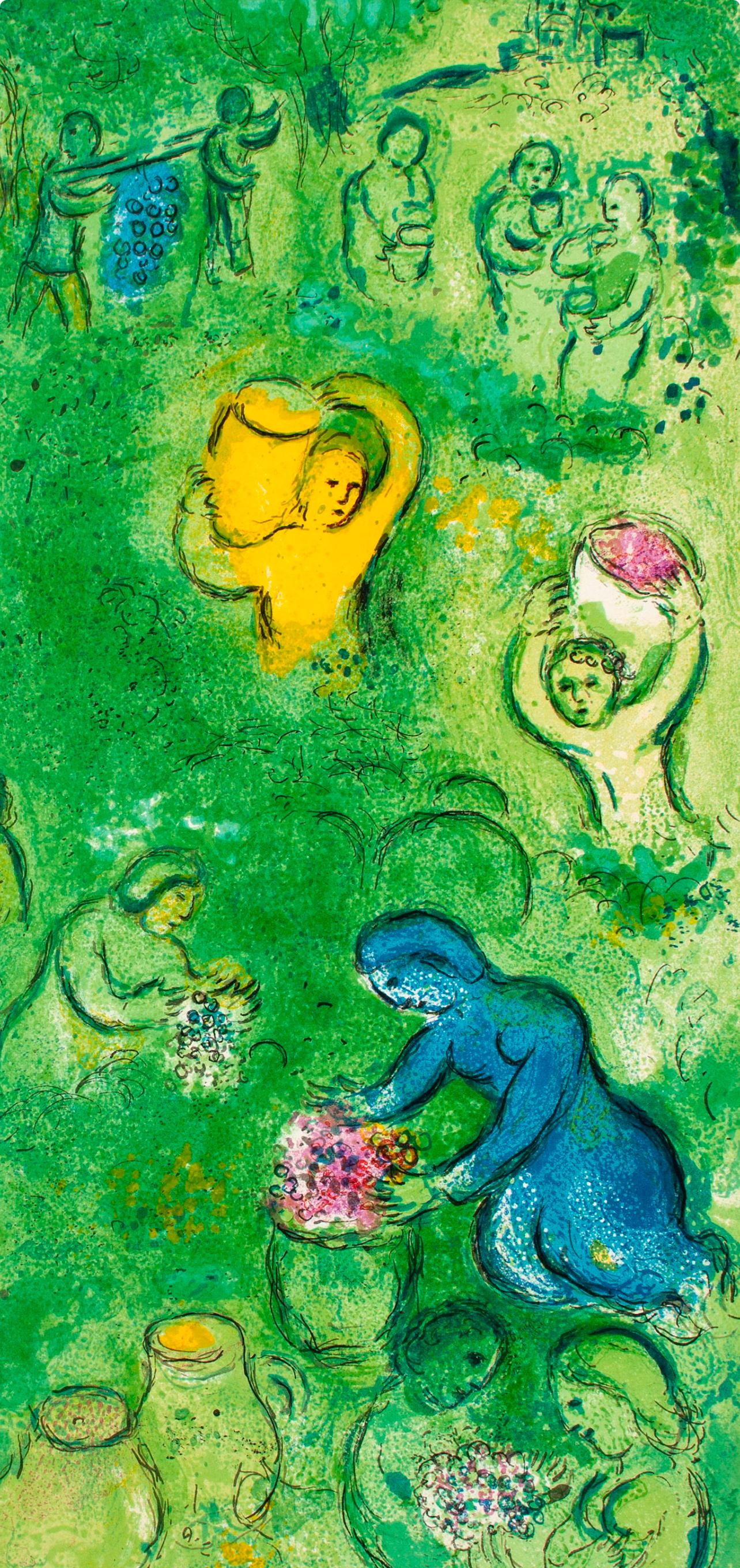 Chagall, Découverte de Daphnis par Lamon, Daphnis et Chloé (after) - Landscape Print Verde di Marc Chagall