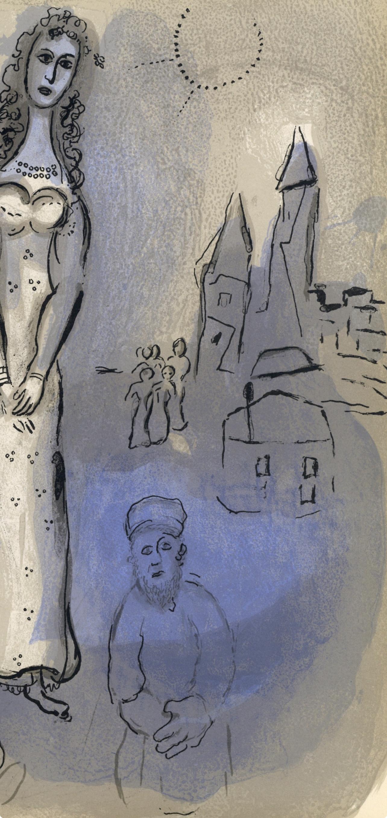 Lithographie auf Velin. Beschriftung: Unsigniert und nicht nummeriert, wie ausgegeben. Guter Zustand. Anmerkungen: Aus dem Band, Zeichnungen aus der Bibel von Marc Chagall, Verve: Revue Artistique et Littéraire, Vol. VIII, N° 33-34, 1960.