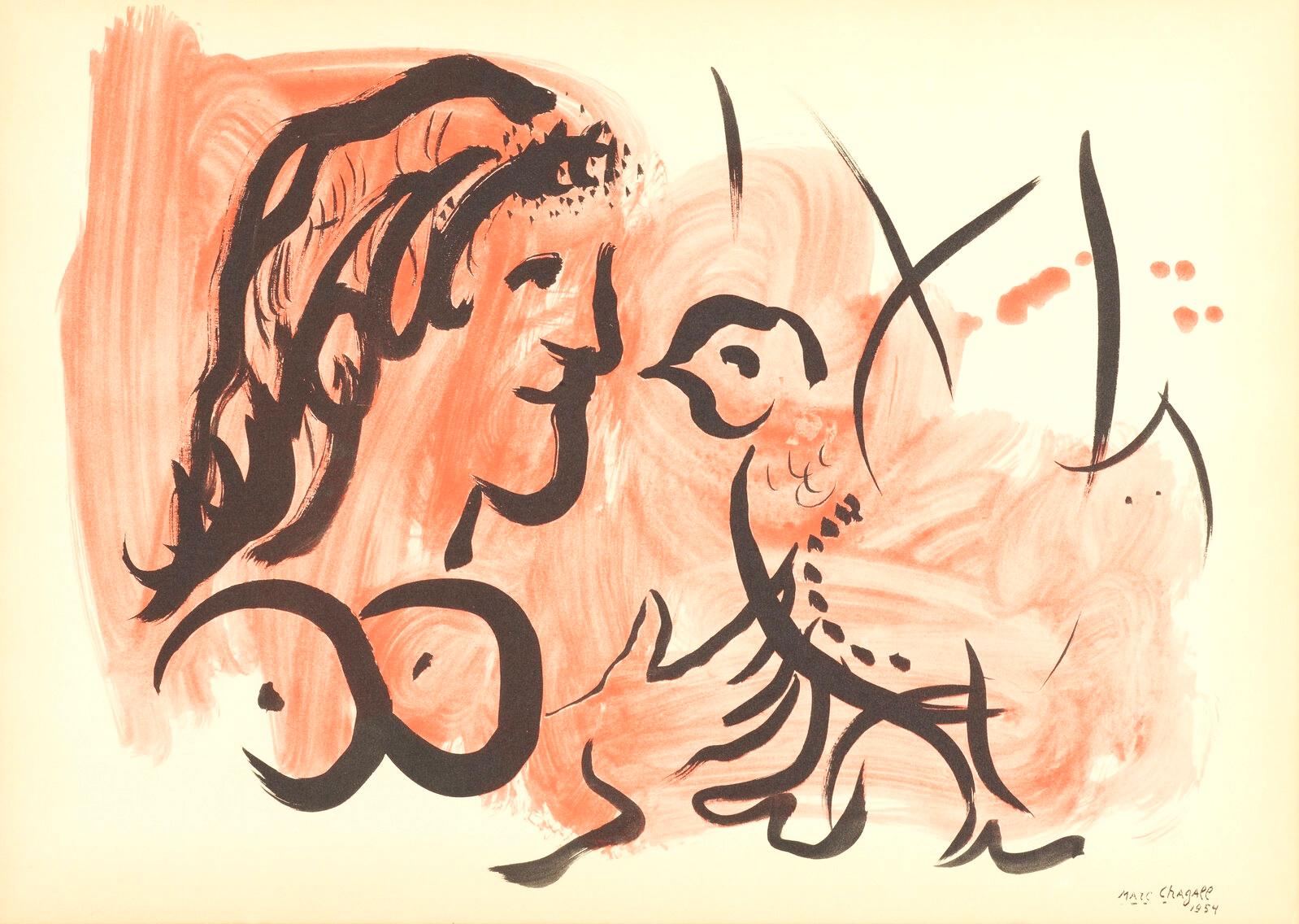 Marc Chagall Landscape Print – Chagall, Femme à l'oiseau, Douze Contemporains (nach)