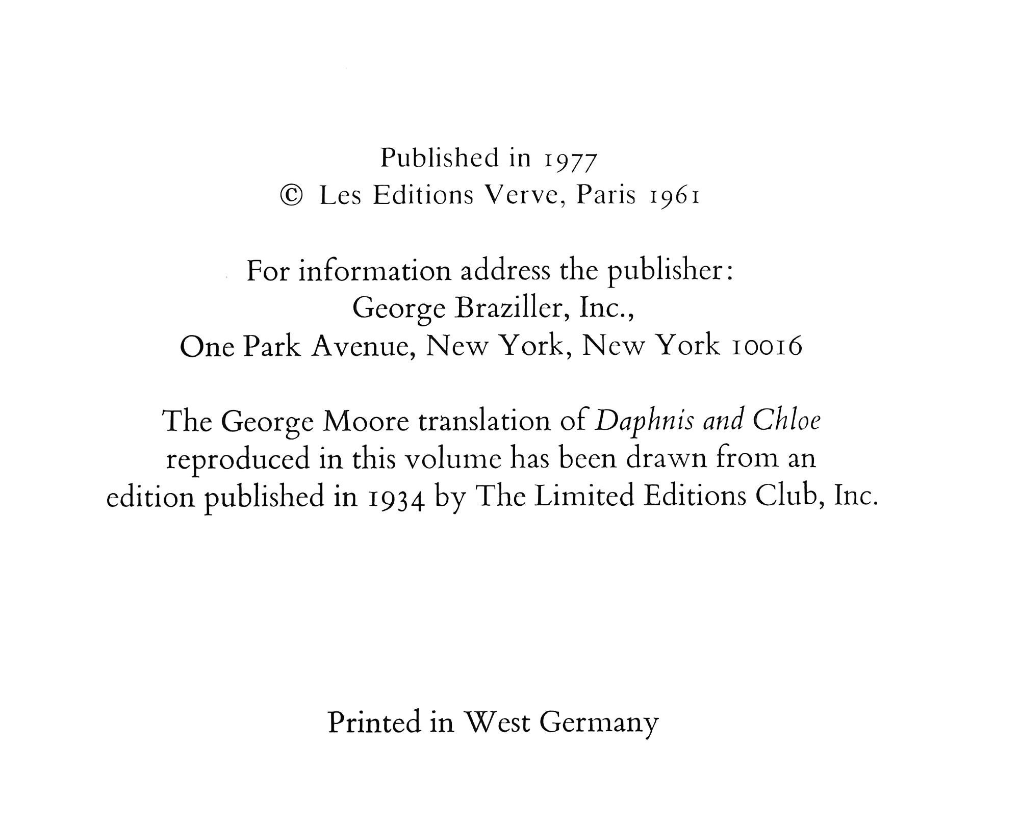 Héliogravure on vélin paper. Paper Size: 12.5 x 19 inches, with centerfold, as issued. Inscription: Unsigned and unnumbered, as issued. Notes: From the album, Daphnis and Chloe. Published by George Braziller, Éditeur, New York; printed by Ernst