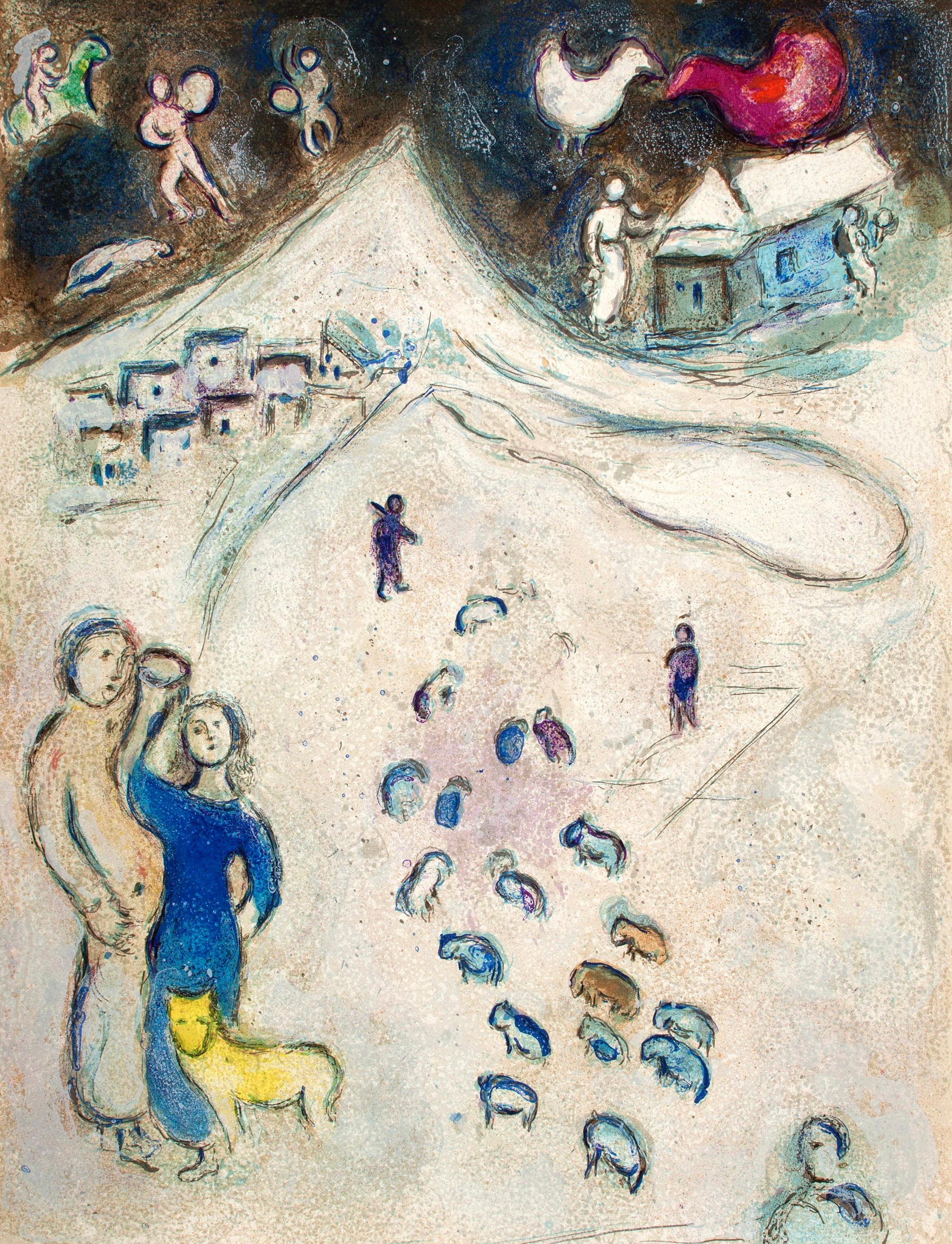 This exquisite heliogravure after Marc Chagall (1887–1985), titled L’Hiver (The Winter), originates from the distinguished Daphnis et Chloe (Daphnis and Chloe) suite—one of the artist’s most romantic and visionary cycles. Published in 1977 by George