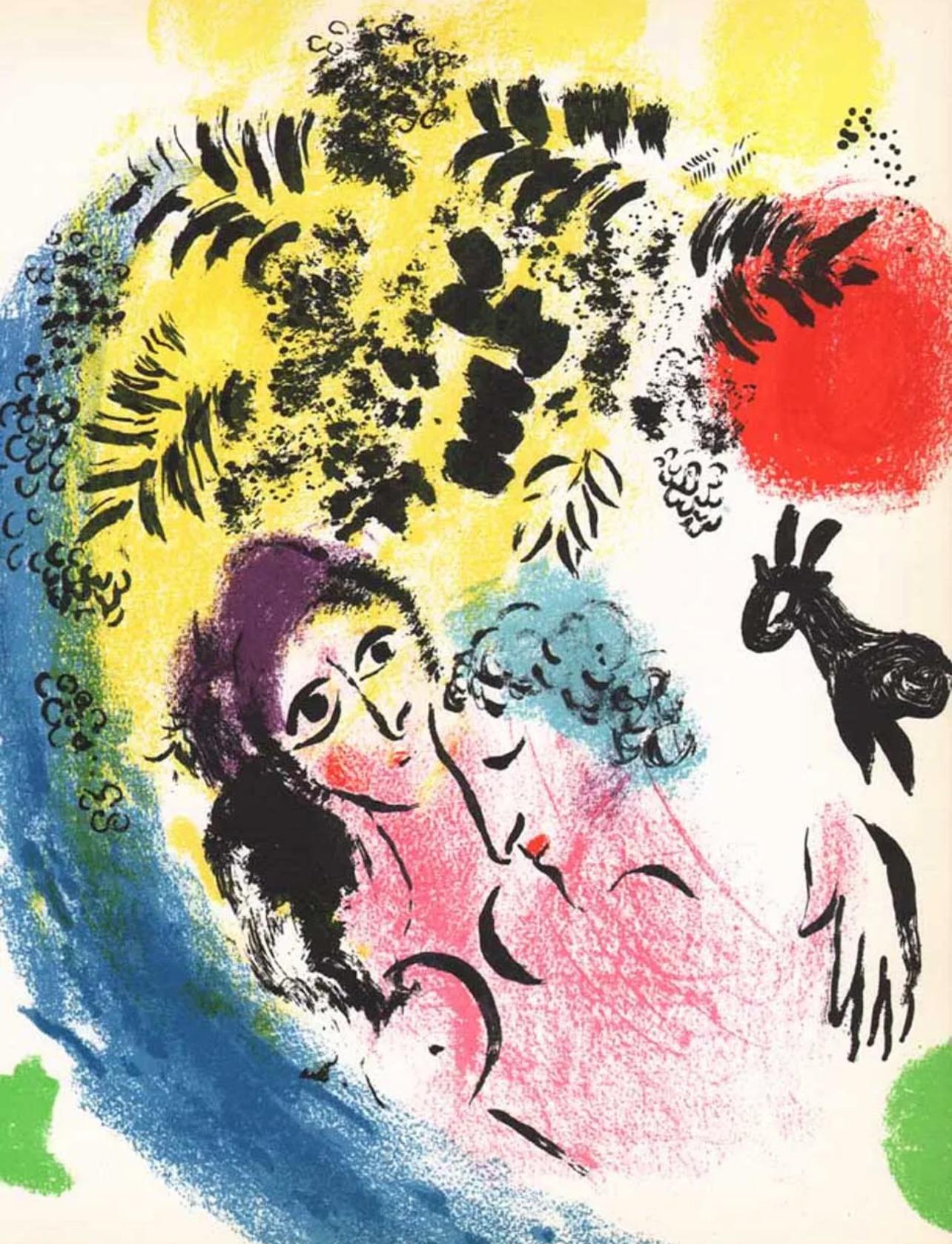 Marc Chagall Landscape Print – Chagall, Liebhaber mit roter Sonne (Mourlot 285; Cramer 43) (nach)