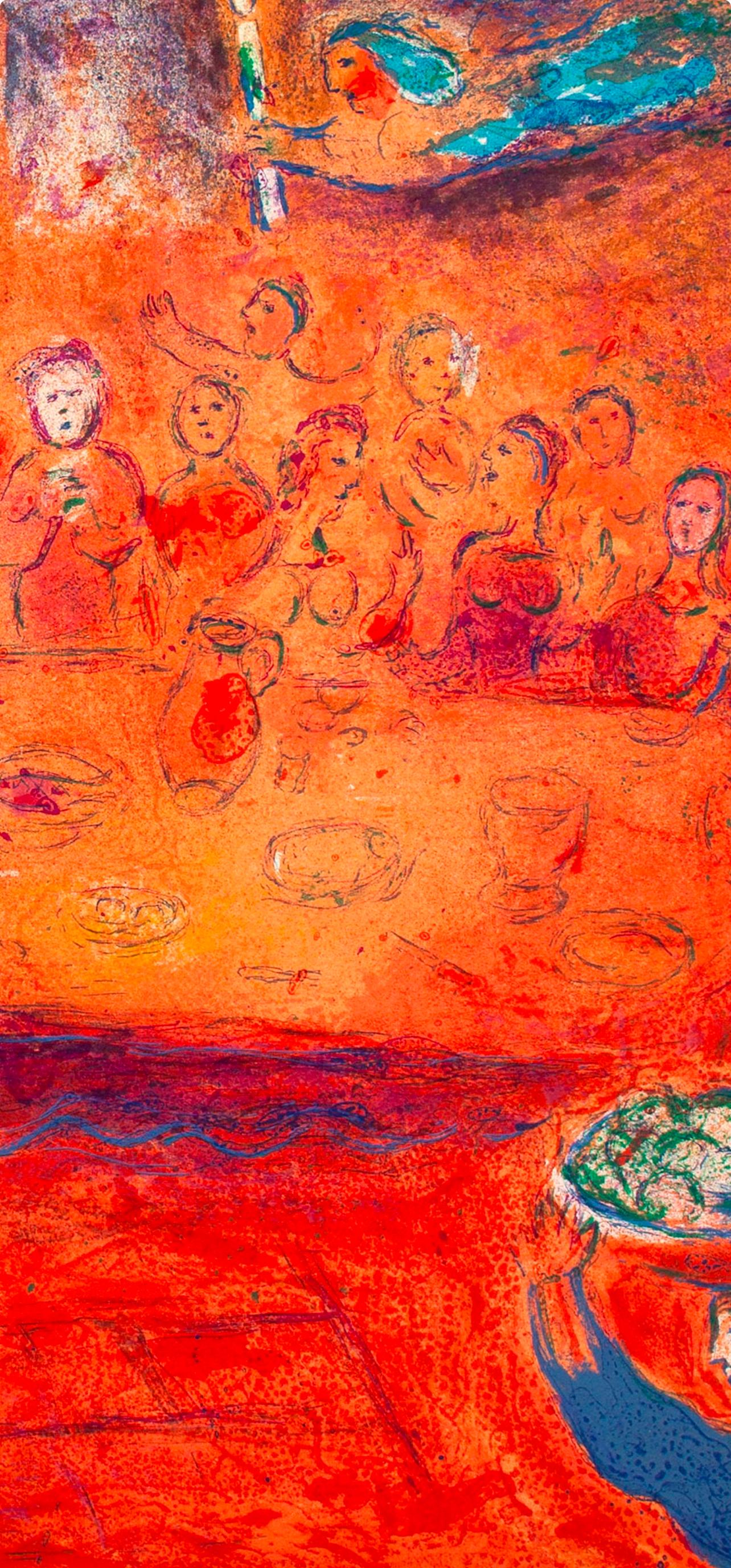 Title: Mégaclès reconnait sa Fille pendant le Festin, Daphnis et Chloé
Year: 1977
Medium: Lithograph on wove paper
Size: 12.5 x 19 inches, with centerfold, as issued
Inscription: Unsigned and unnumbered, as issued
Notes: From the album, Daphnis and