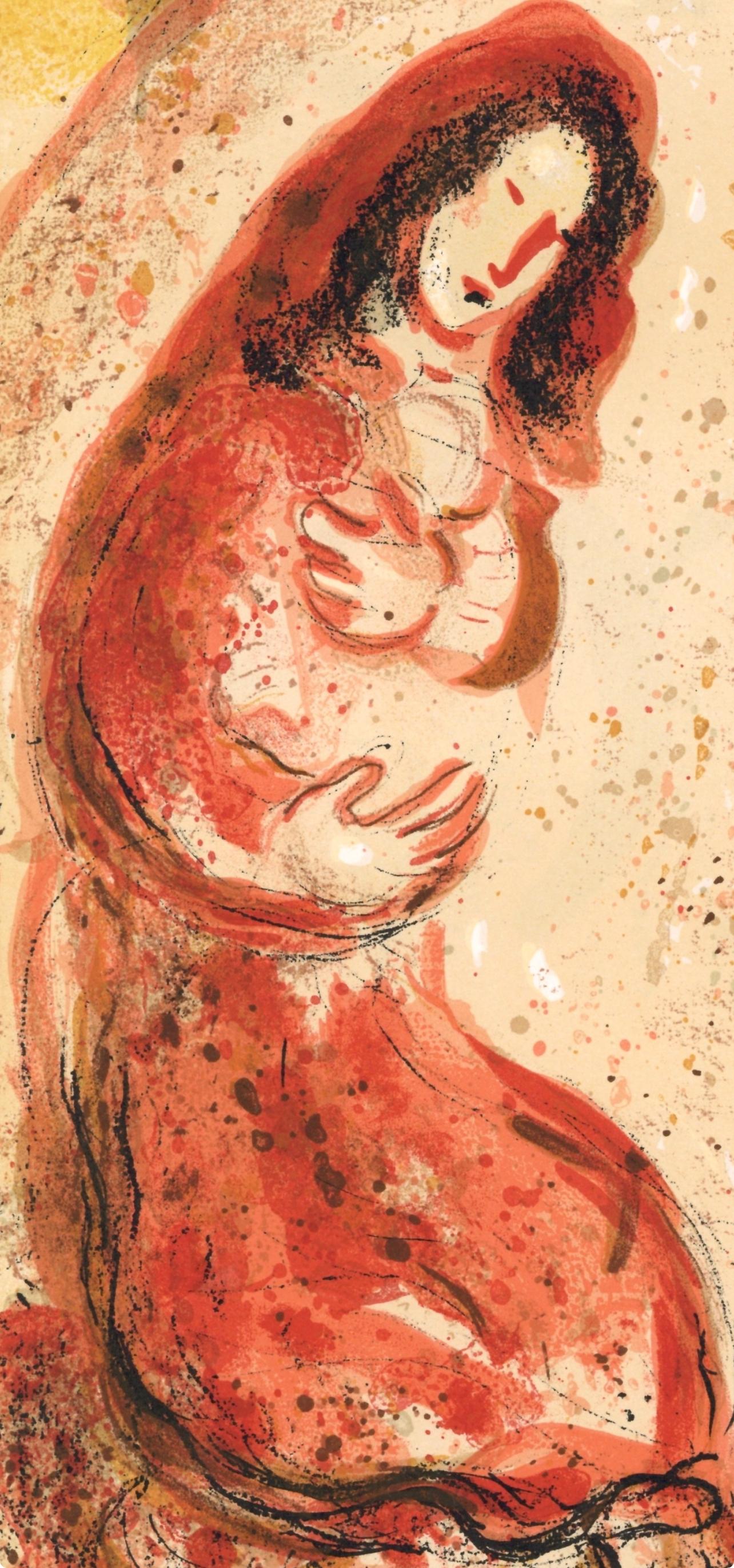 Lithographie auf Velin. Beschriftung: Unsigniert und nicht nummeriert, wie ausgegeben. Guter Zustand. Anmerkungen: Aus dem Band, Zeichnungen aus der Bibel von Marc Chagall, Verve: Revue Artistique et Littéraire, Vol. VIII, N° 33-34, 1960.