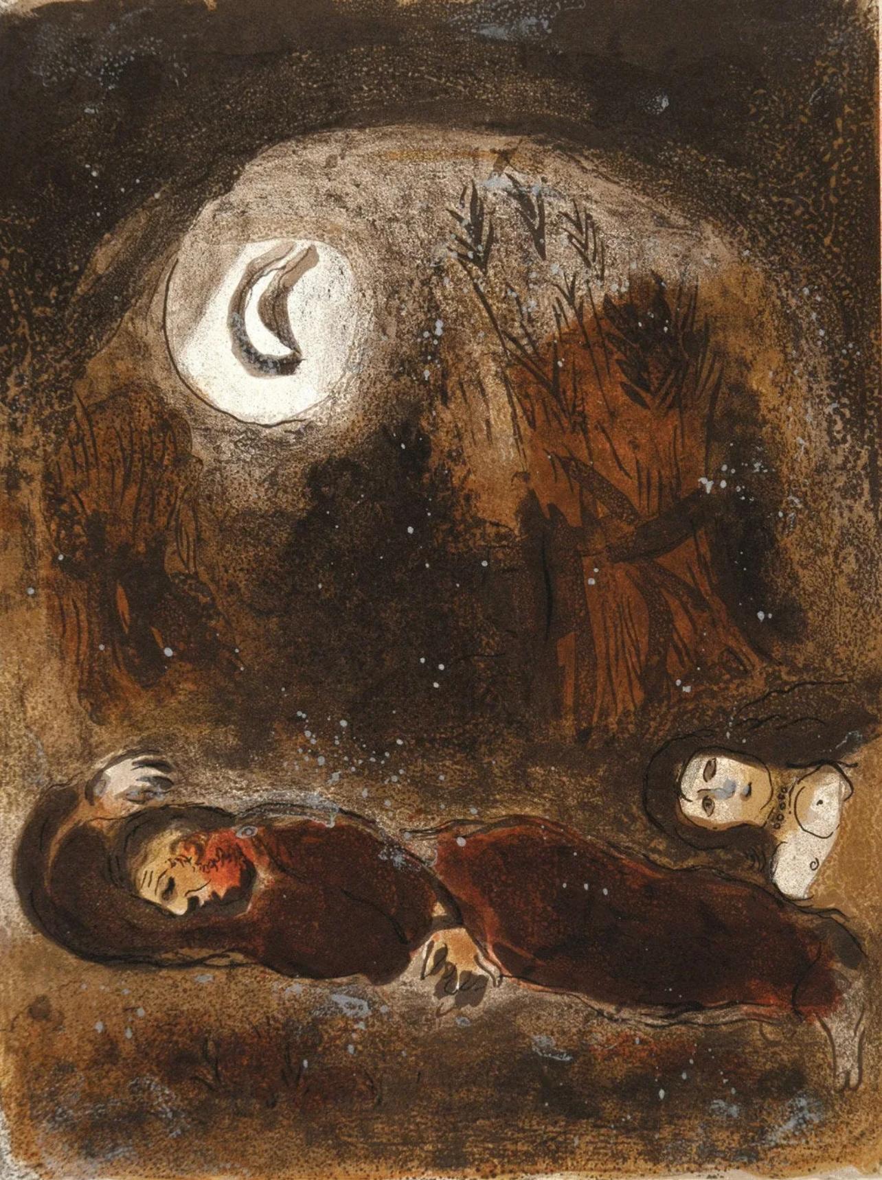 Marc Chagall Figurative Print – Chagall, Ruth zu Füßen von Boaz (Mourlot 230-277; Cramer 42) (nach)