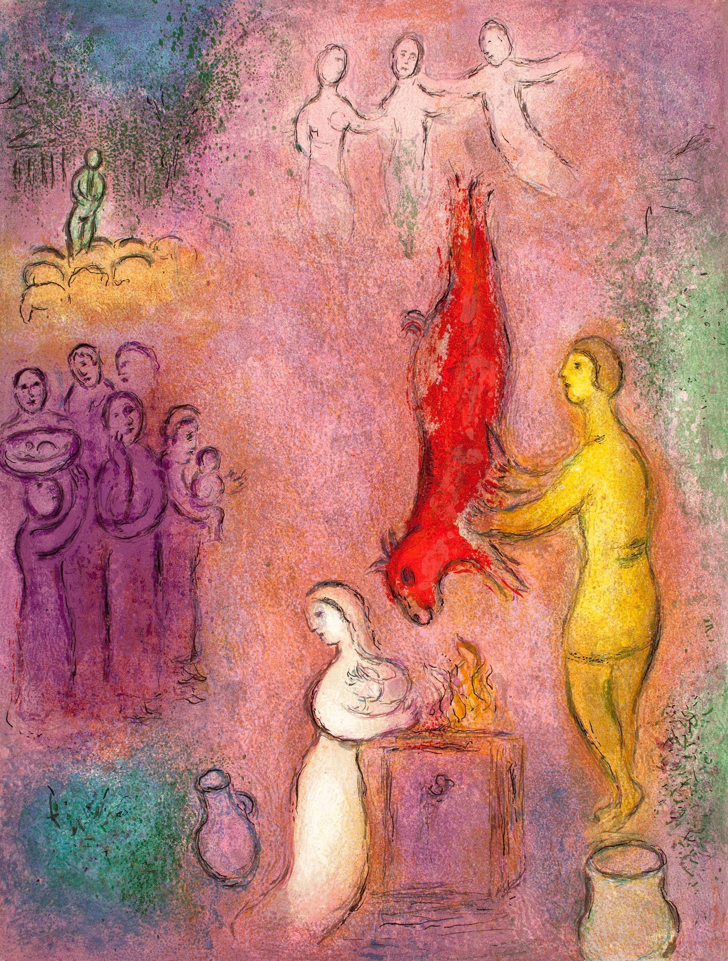 This exquisite heliogravure after Marc Chagall (1887–1985), titled Sacrifice aux Nymphes (Sacrifice to the Nymphs), originates from the distinguished Daphnis et Chloe (Daphnis and Chloe) suite—one of the artist’s most romantic and visionary cycles.