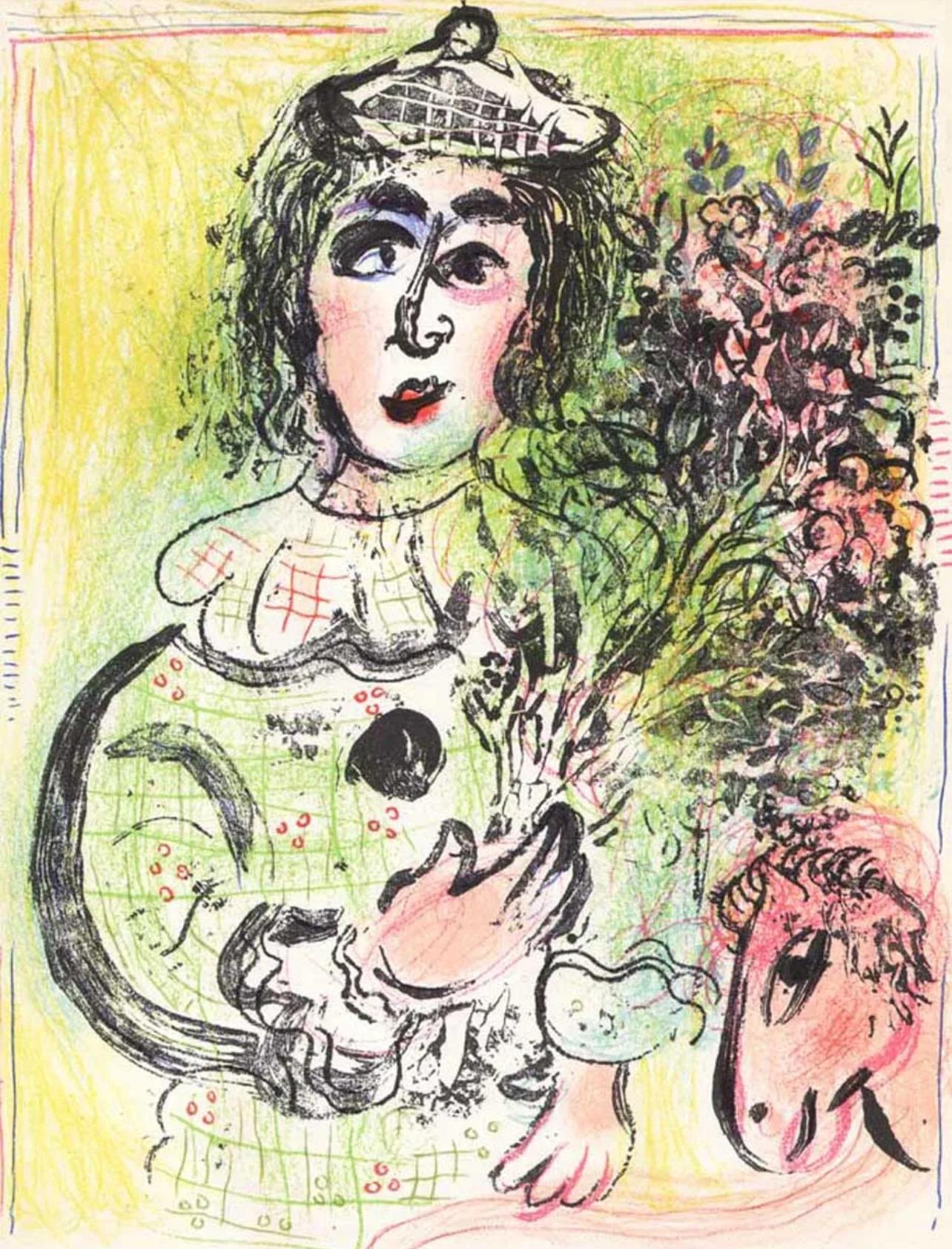 Marc Chagall Landscape Print - Chagall, The Clown with Flowers (Mourlot 399; Cramer 56) (after)