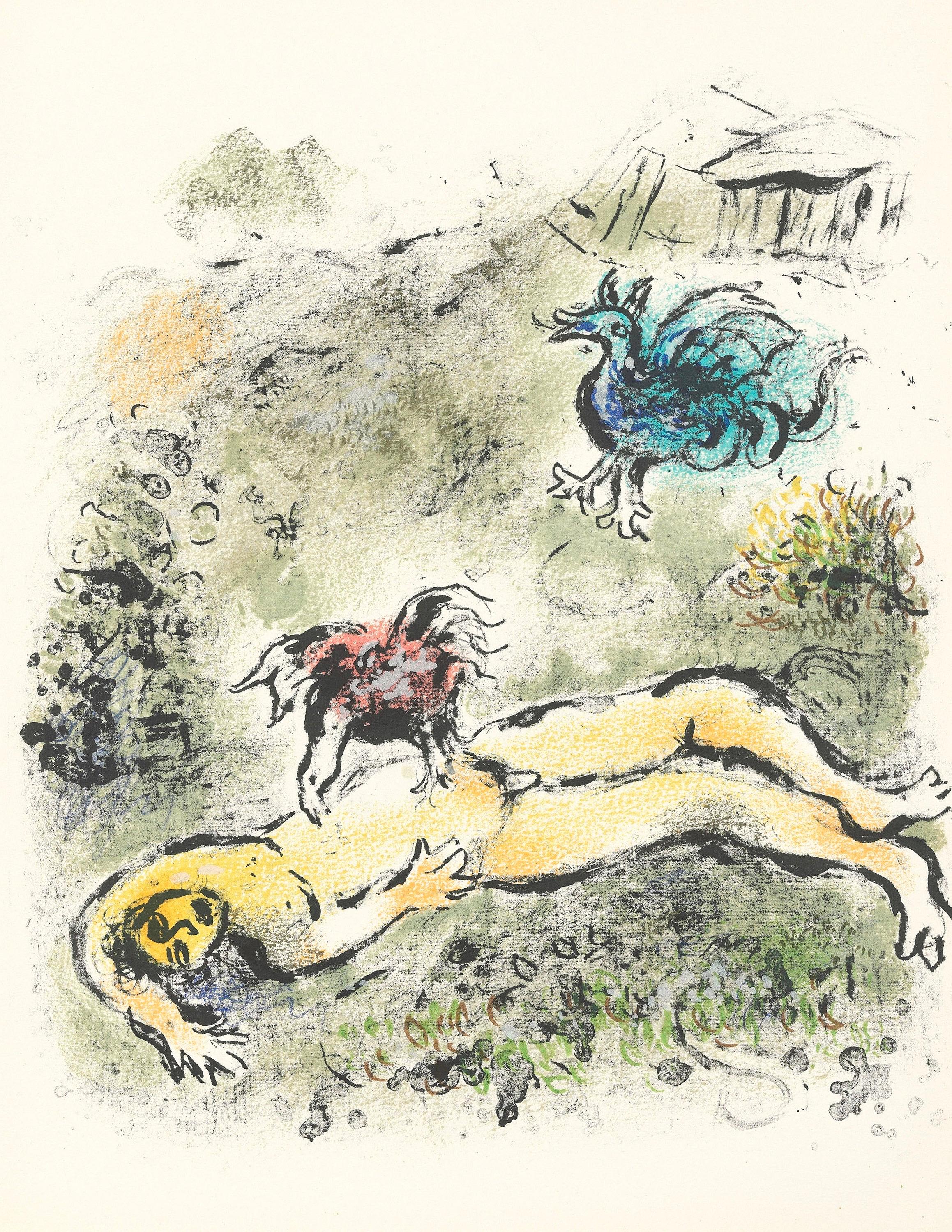 This exceptional lithograph after Marc Chagall (1887–1985), titled Tityos (Tityus), originates from the distinguished German edition of Homer’s Die Odyssee (The Odyssey). Published in 1989 by Daco-Verlag Günter Bläse, Stuttgart, and printed by