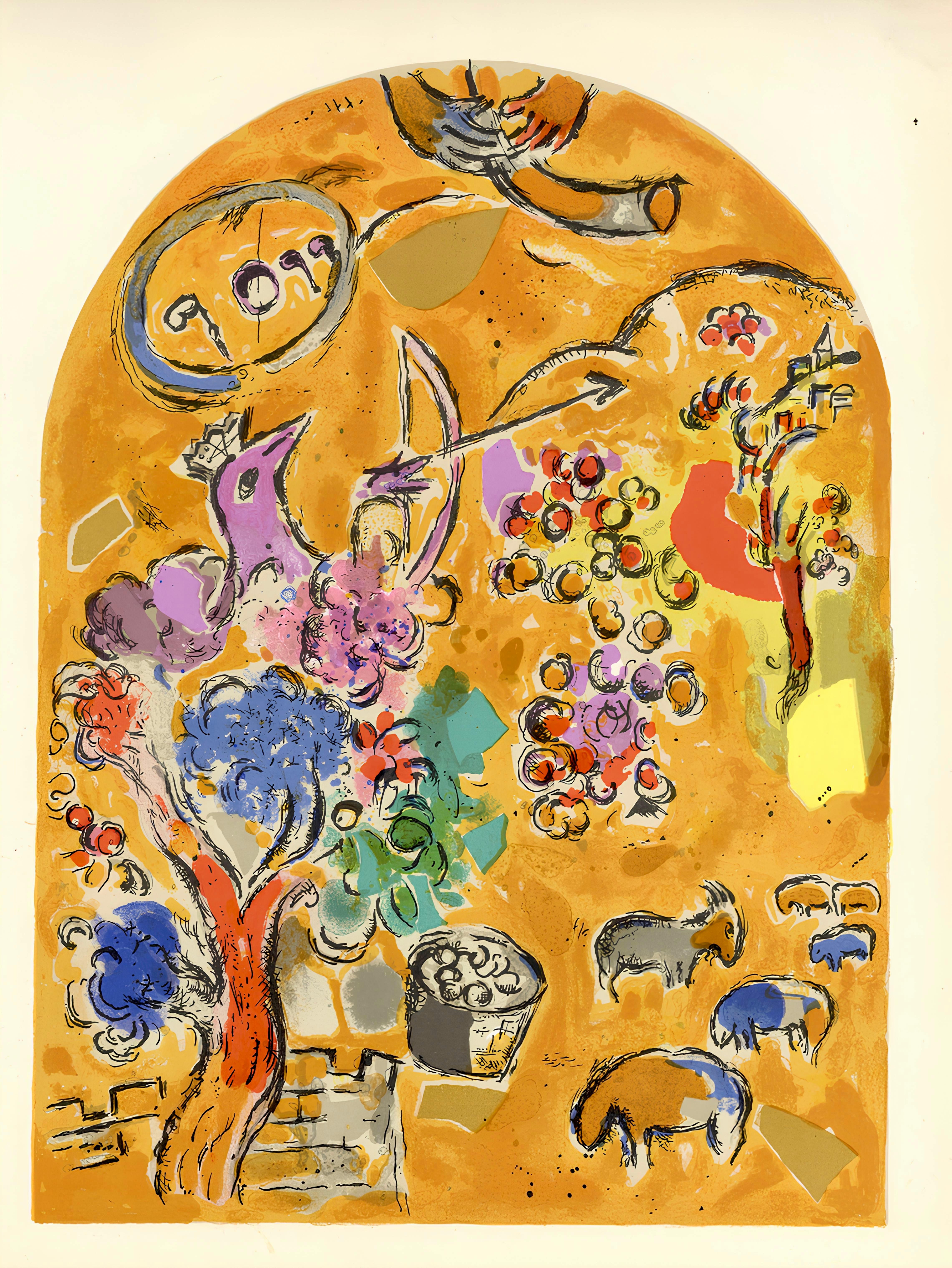 Lithograph on vélin paper. Inscription: Unsigned and unnumbered, as issued. Good condition. Notes: From the album, Chagall, Vitraux pour Jérusalem. Published by Musée des Arts Décoratifs, Palais du Louvre, Paris; printed by Mourlot Frères. Paris,