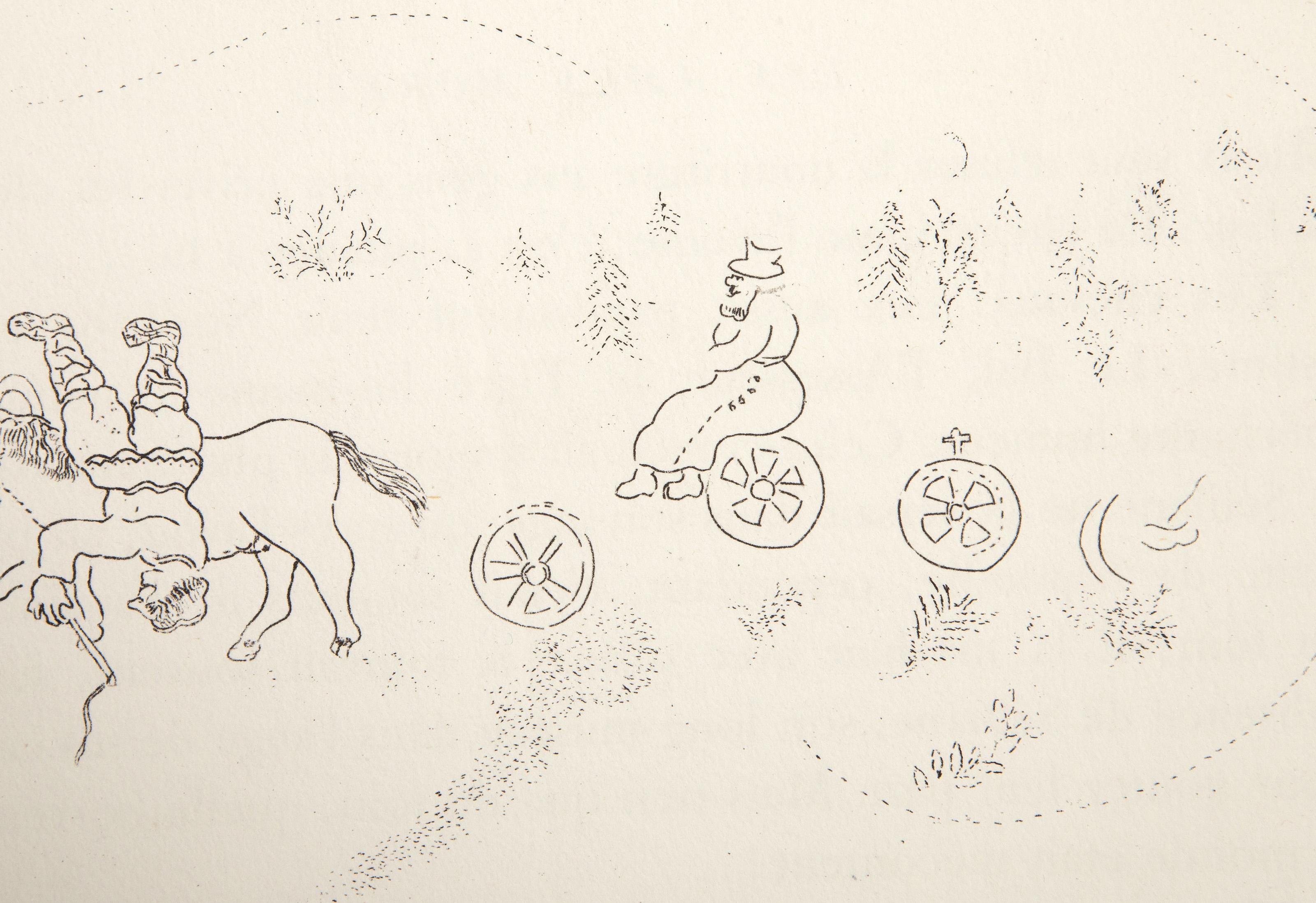  Marc Chagall, Russian (1887 - 1985) -  Chapter 5 from Les Ames Mortes, Year: 1948, Medium: Etching on Arches, Image Size: 5 x 8 inches, Size: 15 x 11.25 in. (38.1 x 28.58 cm), Reference: Cramer 17, Description: From the collection of the late Larry
