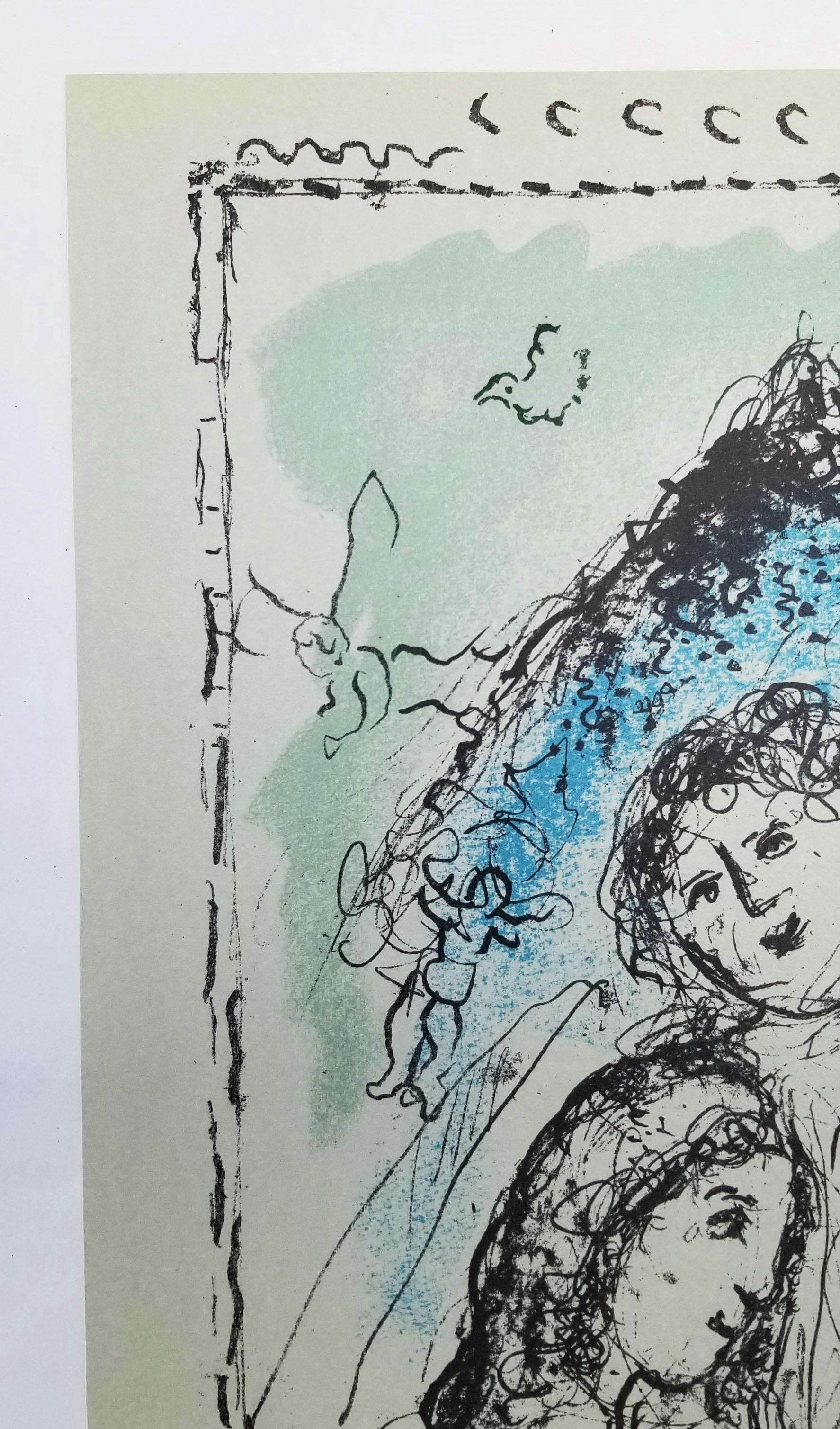 Bleu au Couple (cheval bleu avec couple) /// Moderne Marc Chagall d'après-guerre en vente 2